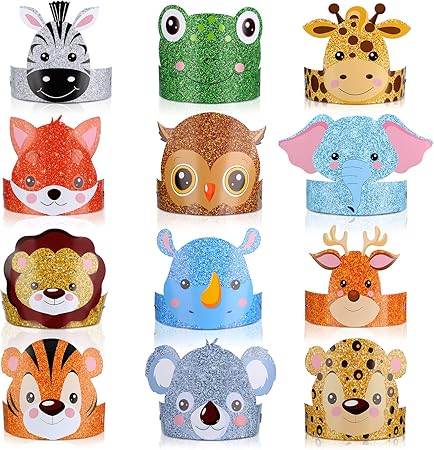 24 Pcs Animal Birthday Party Hats & Headbands - Jungle Safari Paper Party Crowns for Girls & Kids
