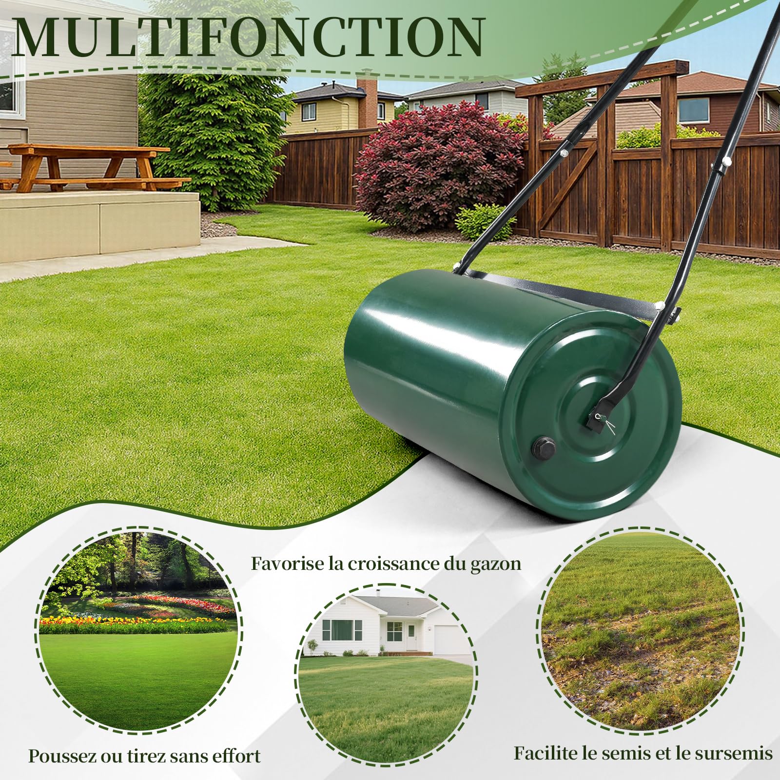 LEADZM Rouleau Gazon 50 L, Surface de Contact 60 cm, diamètre 32 cm – remplissable de Sable ou d'eau, Rouleau aérateur de pelouse, poignée rembourrée, Confortable et Efficace