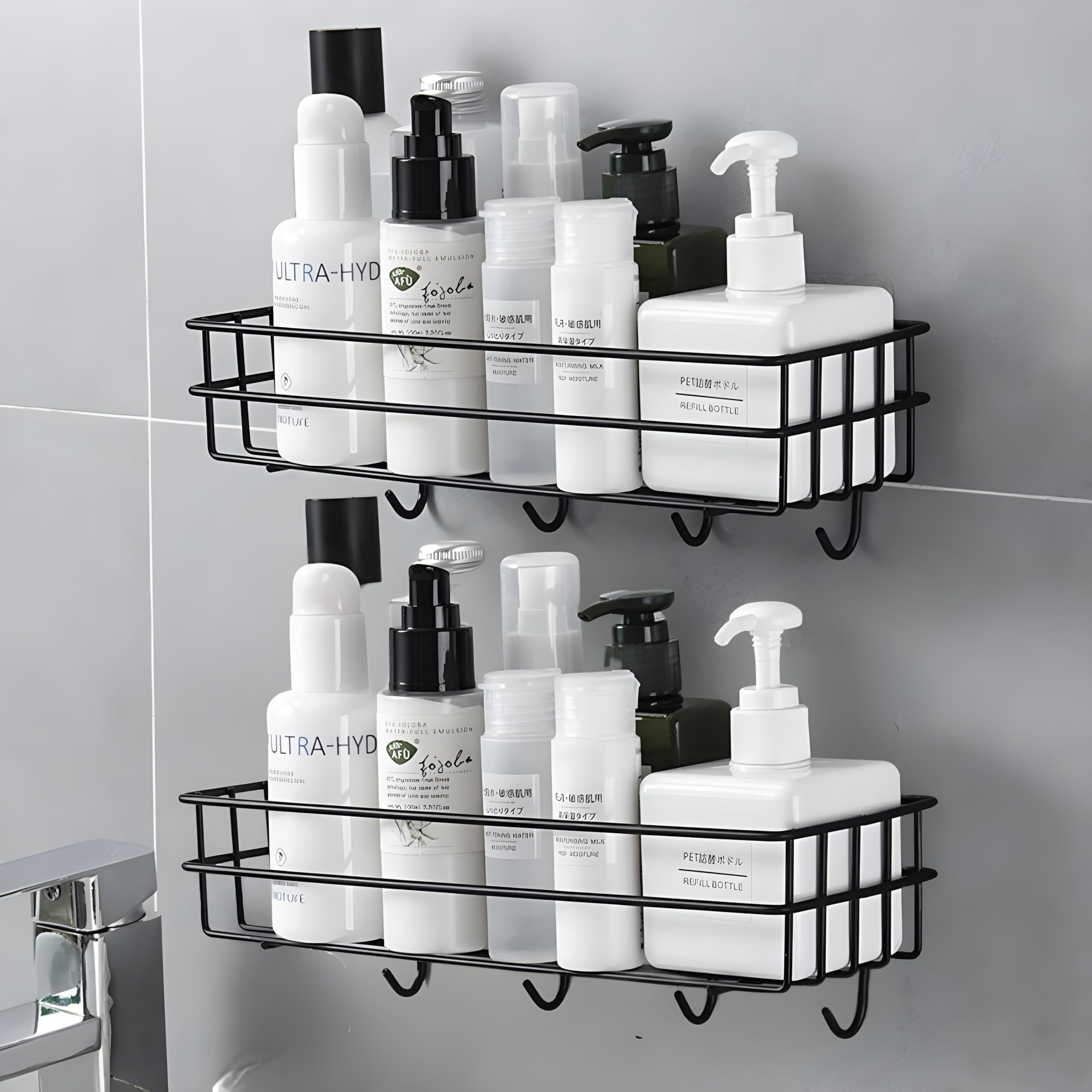 JIALTO Wall Mounted GI Steel Self-Adhesive Bathroom Shelf with Hooks, Towel Holder and Rack - Wall-Mounted Bathroom Accessories Organizer in Sleek (Pack of 2)