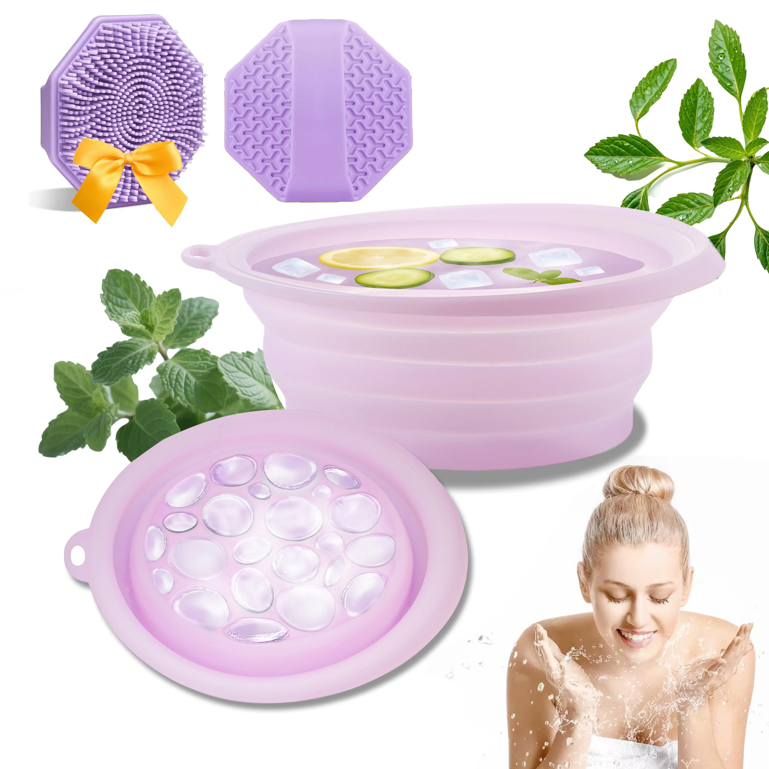 Foldable Ice Bowl for Face Silicone Bowl and Brush for Face Ice Bath Portable Facebowl with Built-in Icetray