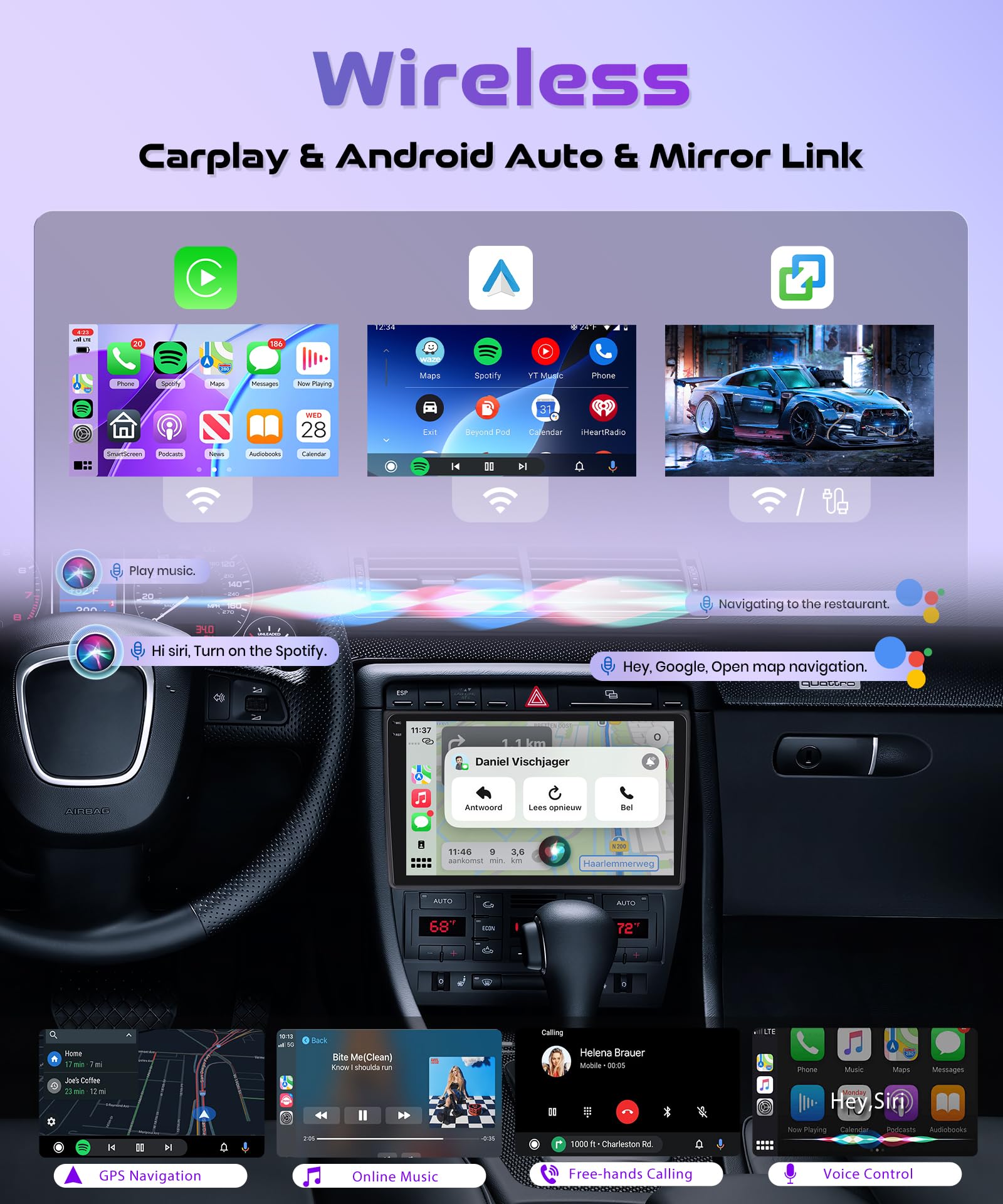 4G+64G Android Radio Coche para Audi A4 S4 RS4 B6 B7 8E 2000-2009 Inalámbrico Carplay Android Auto, 9 Pulgadas Incell Pantalla Radio GPS Navi WiFi Bluetooth Mirror Link FM/RDS/EQ/SWC Cámara Trasera