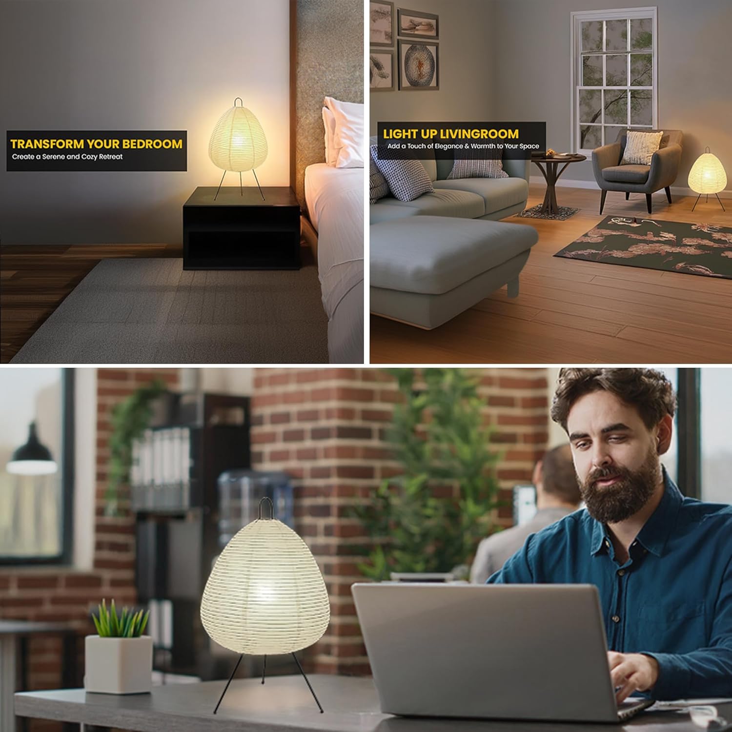 Noguchi Akari Rice Paper Lantern Lamp – Dimmable Japanese Table Lamp with Washi Paper Shade, Bulb Included – Japandi Bedside, Desk Light