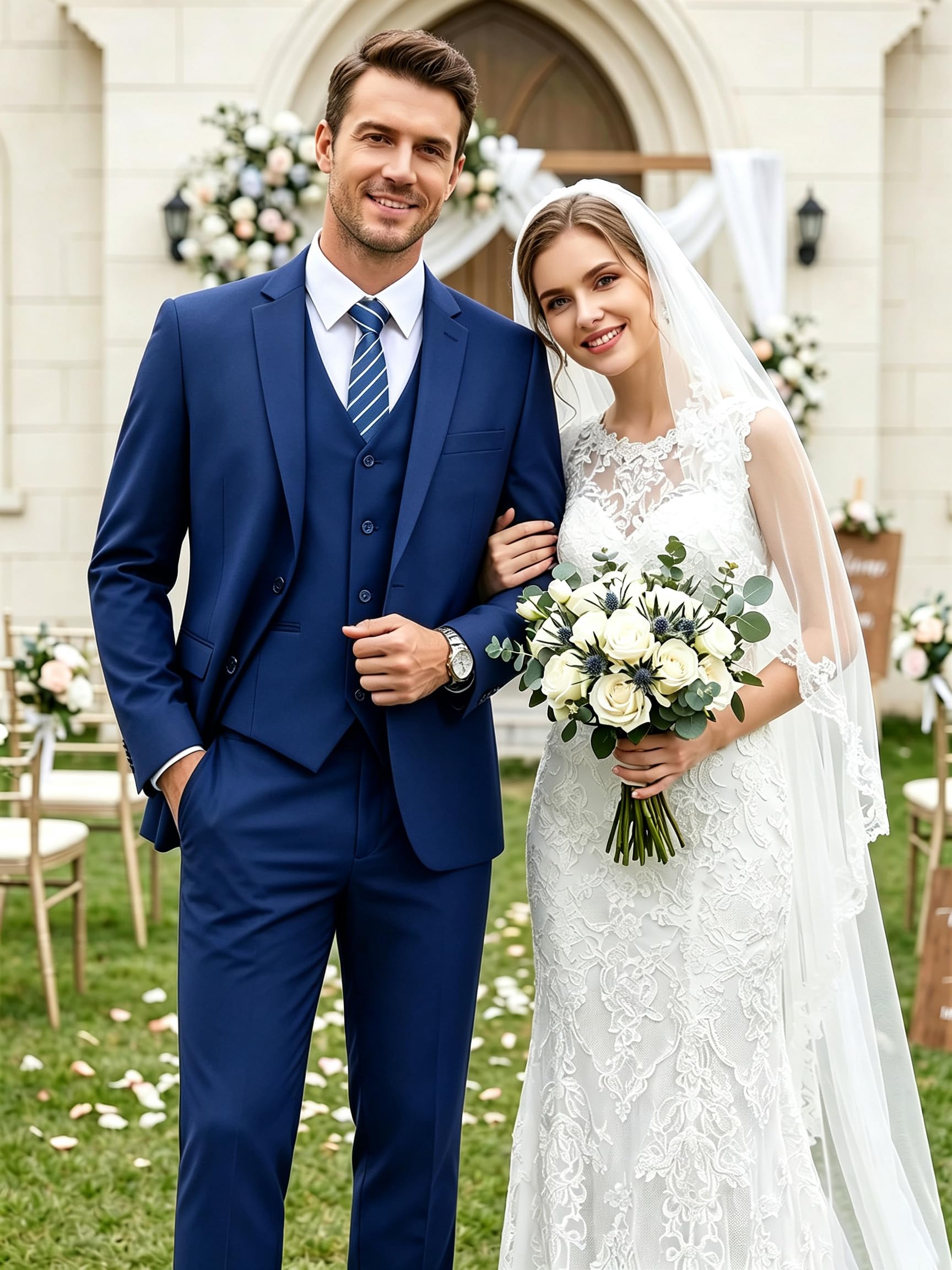 LUPURTY - Traje de 3 piezas para hombre, ajustado, traje para negocios, boda, fiesta, 2 botones, blazer de esmoquin, chaqueta, chaleco y pantalones