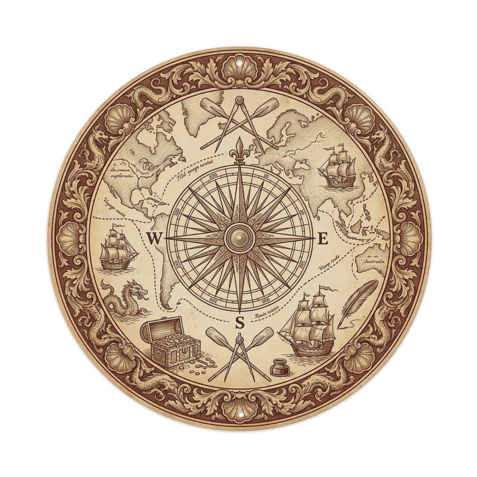 Vintage Nautical Compass World Map Expedition Route Metal Tin Sign