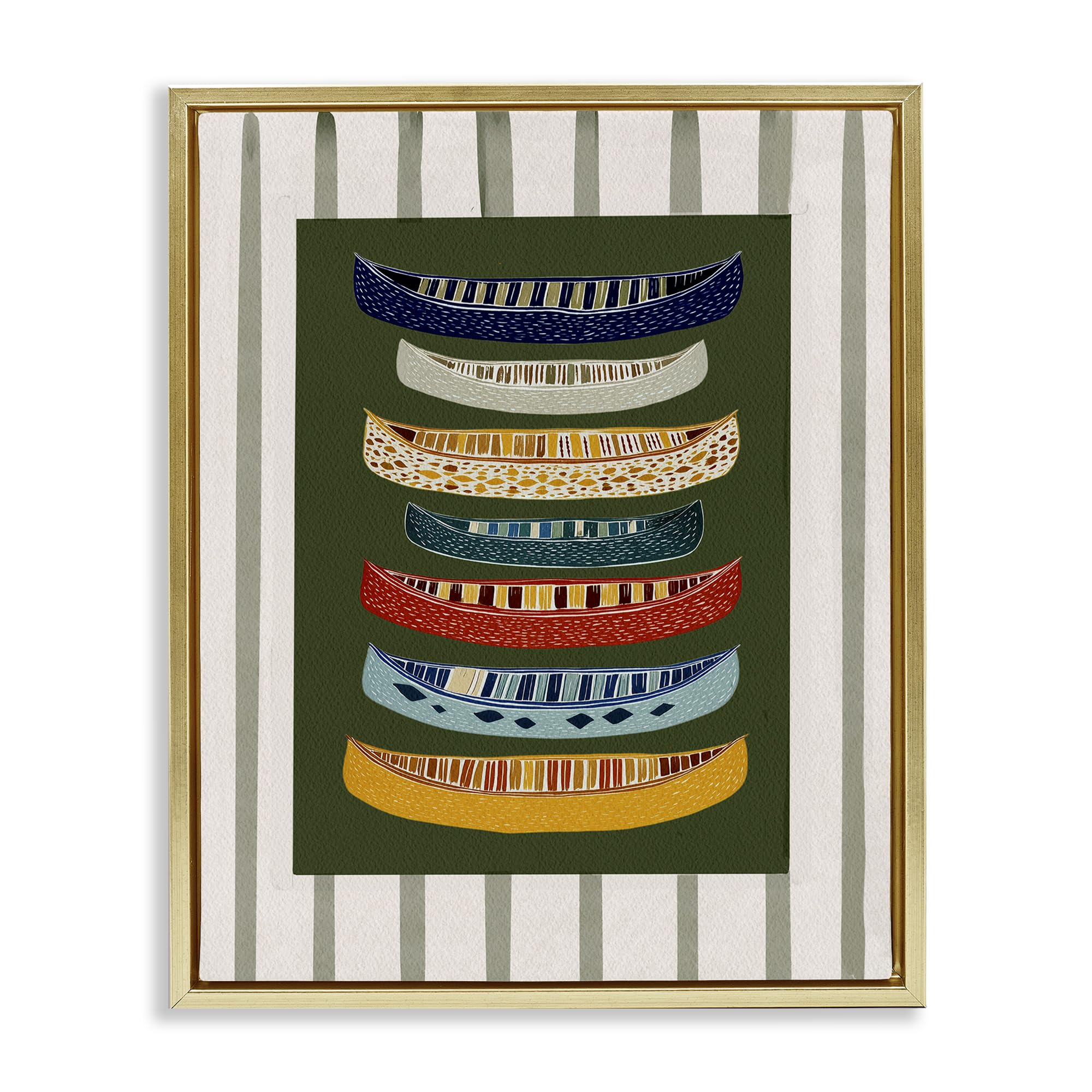 Stupell Industries Metallic Gold (Matte) 'Patterned Canoes Over Stripes', Floating Frame Canvas Art, Gold, 25 X 31 Inches, Easy To Hang And Sturdy, Made In Usa, By Yen