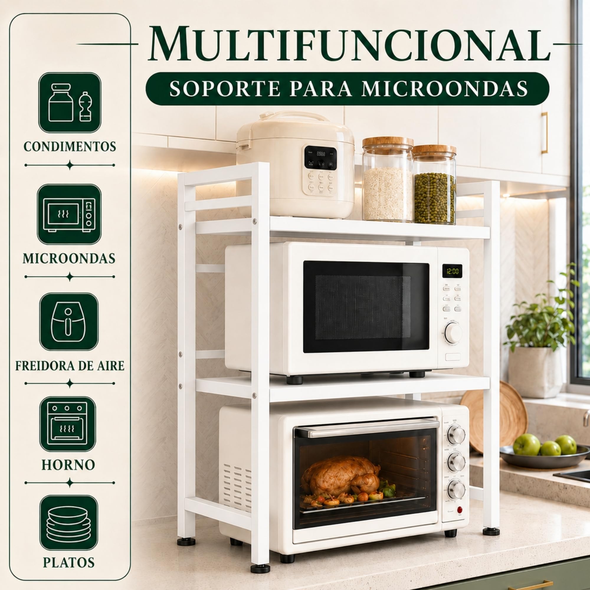 UZIRO Estante Microondas Extensible de 2 Niveles, Ajustable de Acero al Carbono, Capacidad por Niveles hasta 30 kg, Incluye 4 Ganchos, Soporte Microondas Encimera, Estanteria Cocina Encimera