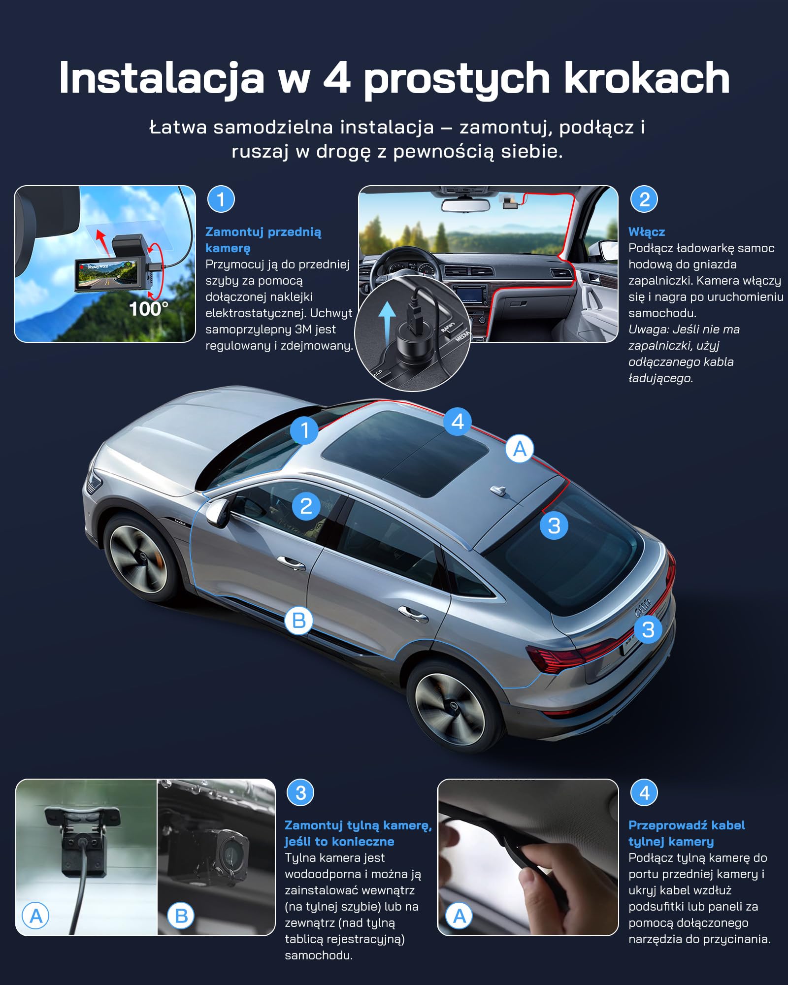WOLFANG Kamera samochodowa 4K przednia i tylna WiFi Dashcam, podwójna kamera samochodowa z 7.0 cm IPS, super noktowizor, nagrywanie w pętli, czujnik G, szeroki kąt 170, ochrona parkowania