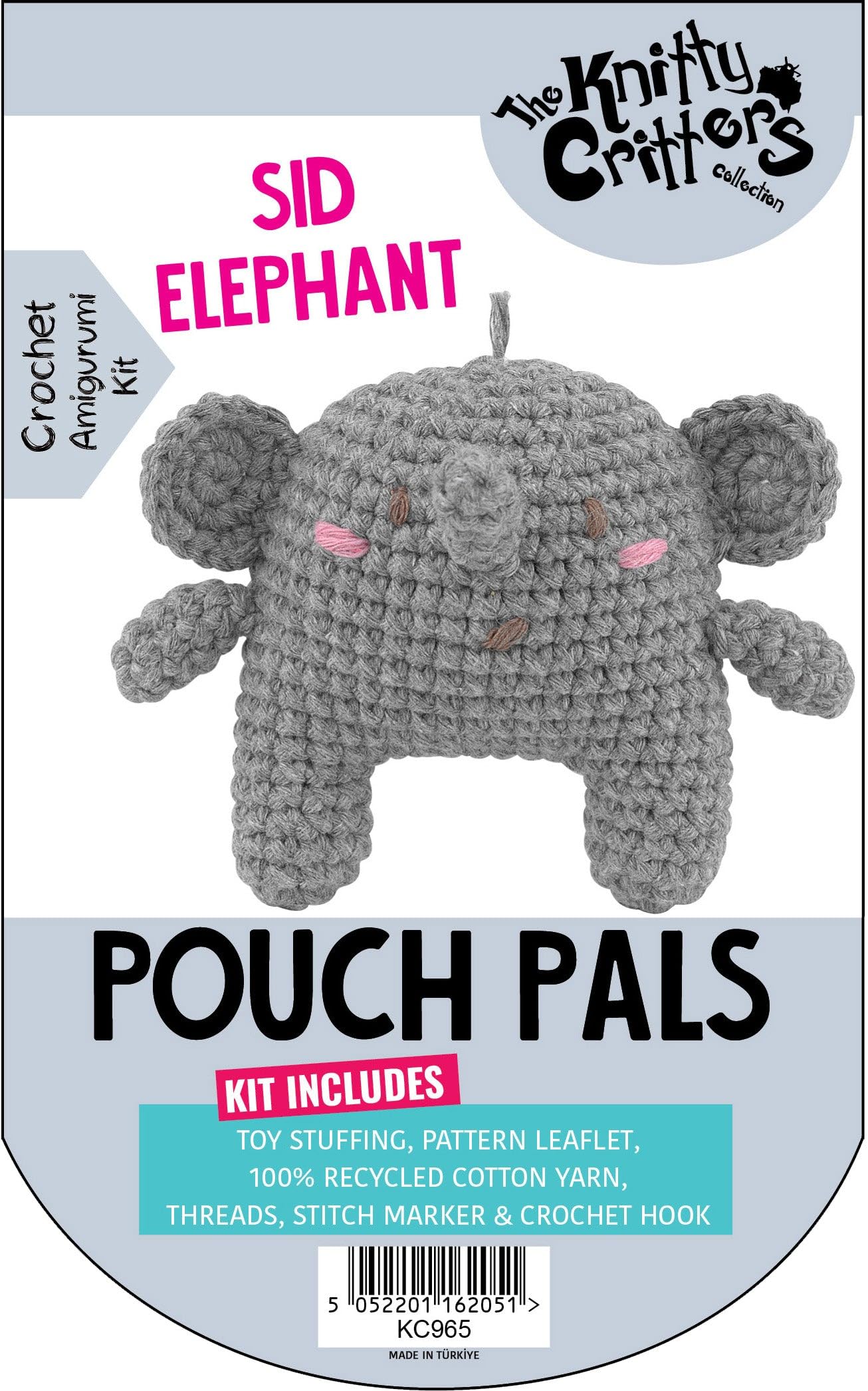 Knitty Critters Pouch Pals Crochet Kit – Sid Elephant | Beginner-Friendly Crochet Craft Kit with Recycled Yarn