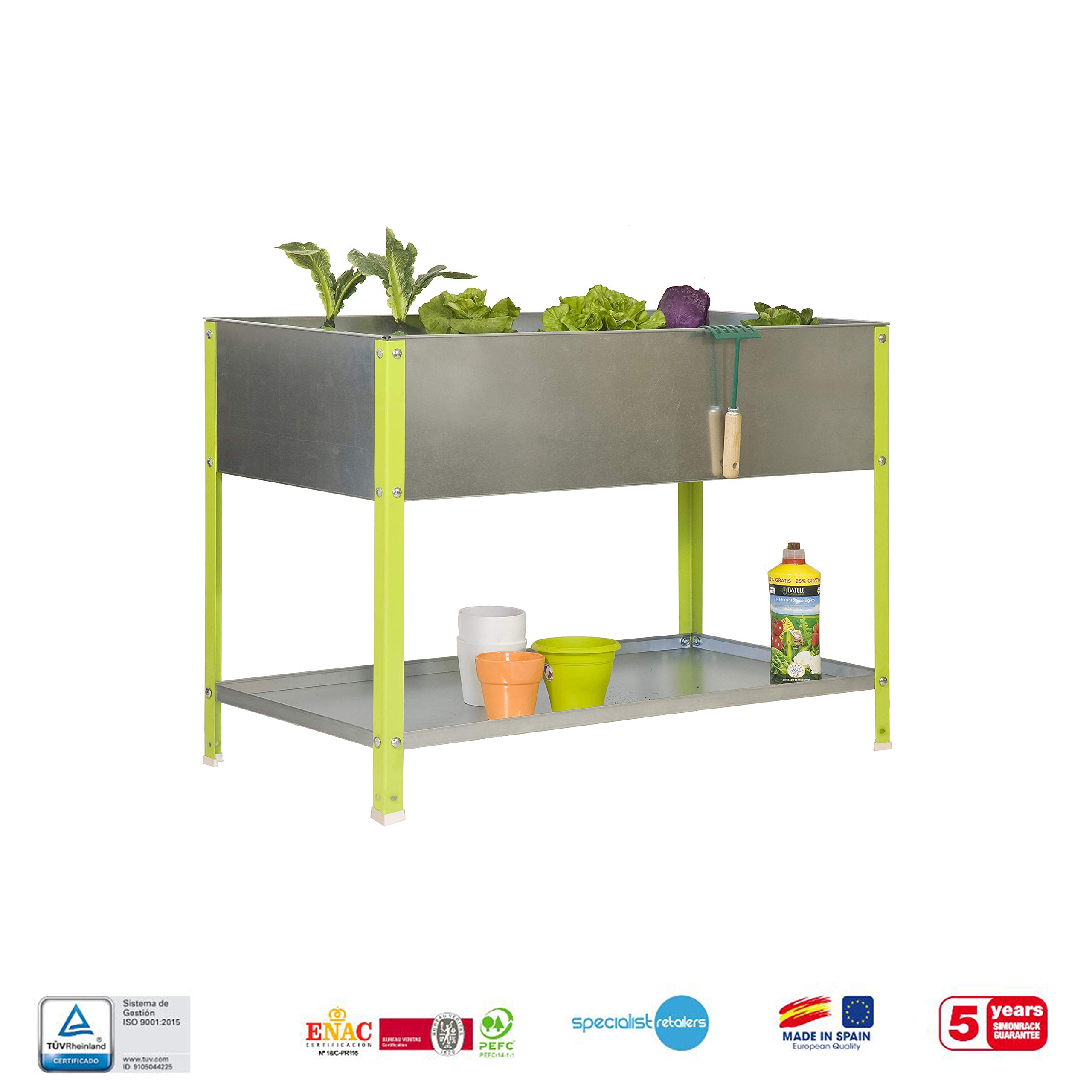 SimonRack Huerto Urbano Terraza Exterior, Agujeros Drenaje, Capacidad 200 L, Medidas 850x1200x600 mm, Huerto Metálico, Verde/Galvanizado -Simon Garden