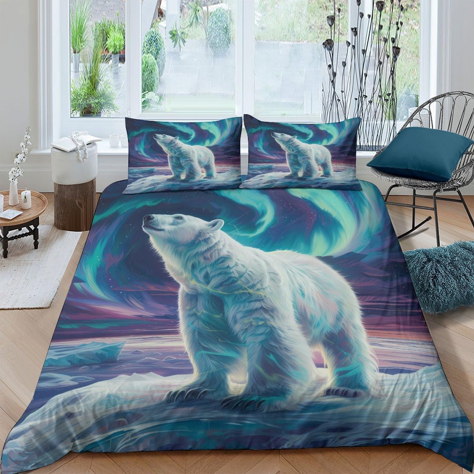 Ctjqhvkz Style-6 3D Printed Northern Lights Fitted Sheet Microfiber Soft Breathable Polar Bear Bed Cover For Bedroom Dorm Decor Single（135X200cm）