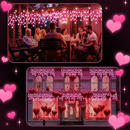 Miniatura 6 de Retisee Luces solares de carámbano para el día de San Valentín, decoraciones al aire libre, luces rosas y blancas al aire libre con 96 caídas, 600