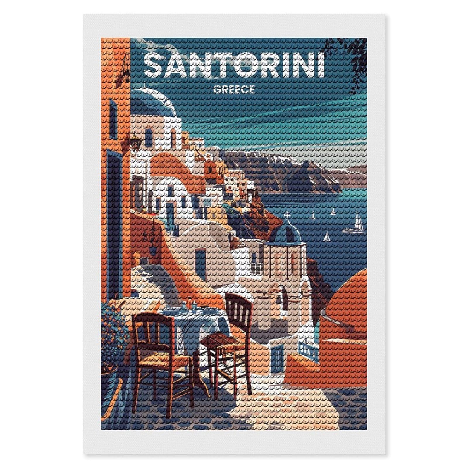 Junmoney Santorini Greece(6) Diamond Painting Canvas Kit 8"x12", Adhesive Canvas, Living Room Decor, Farmhouse Decor, Winter Craft