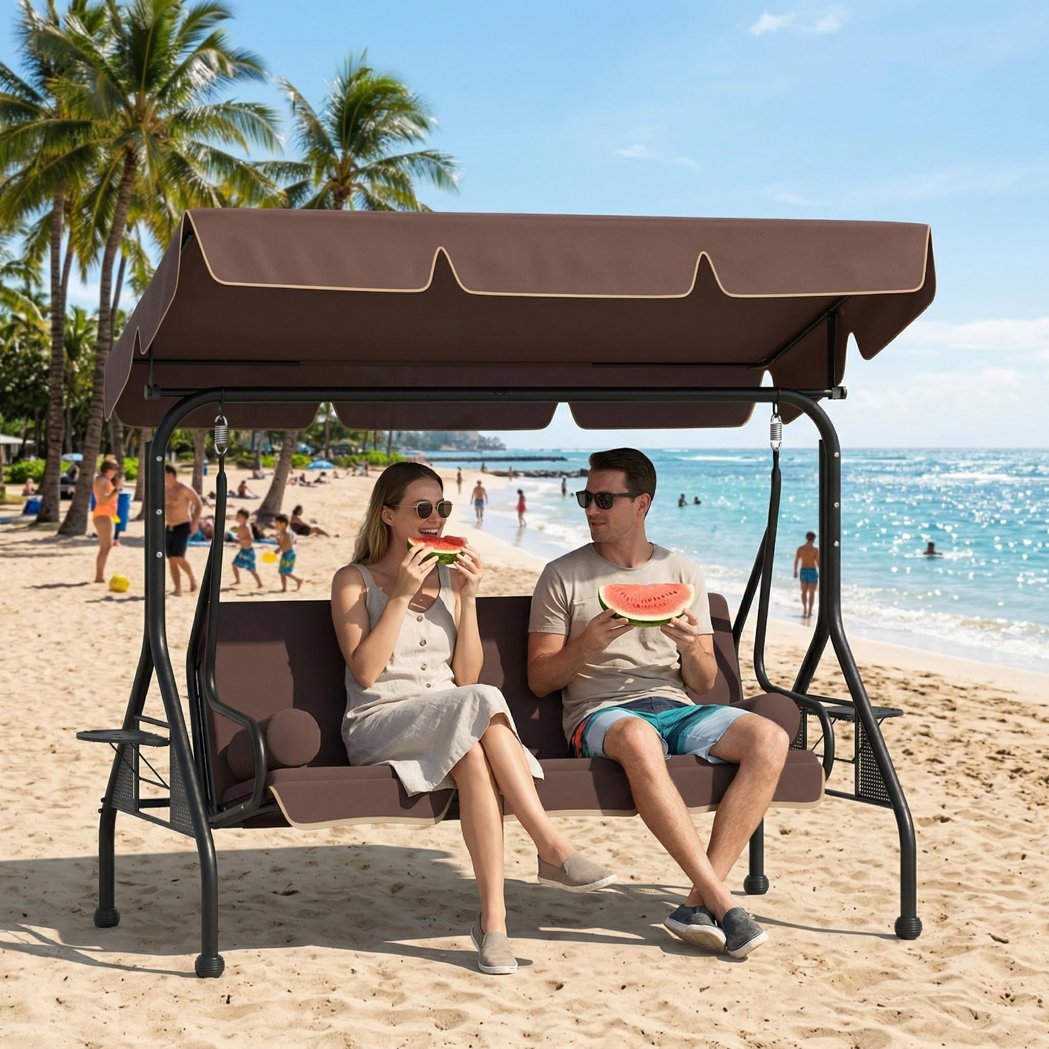 UISEBRT 3-Sitzer Hollywoodschaukel mit Liegefunktion,Gartenschaukel mit Verstellbare Sonnendach,2 Kissen, 2 Tabletts,Outdoor Schaukelbank bis 350kg belastbar für Garten, Pool, Terrasse,Braun