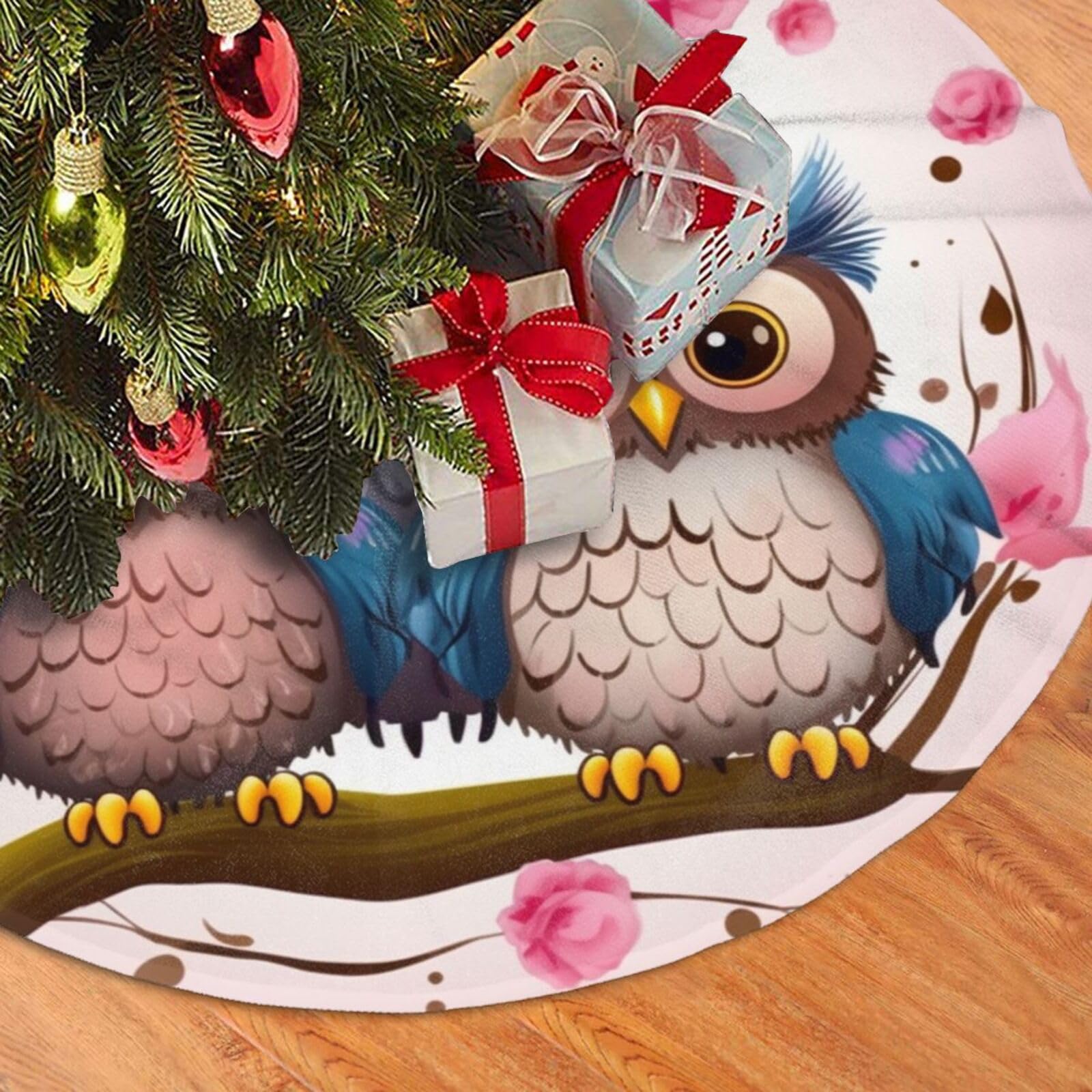 Fodpand Black Cute Owls Christmas Tree Skirt 36" Velvet Xmas Tree Skirt Mat Rustic Christmas Tree Mat Cover Winter Xmas Tree Collar For Indoor Outdoor Christmas Decorations
