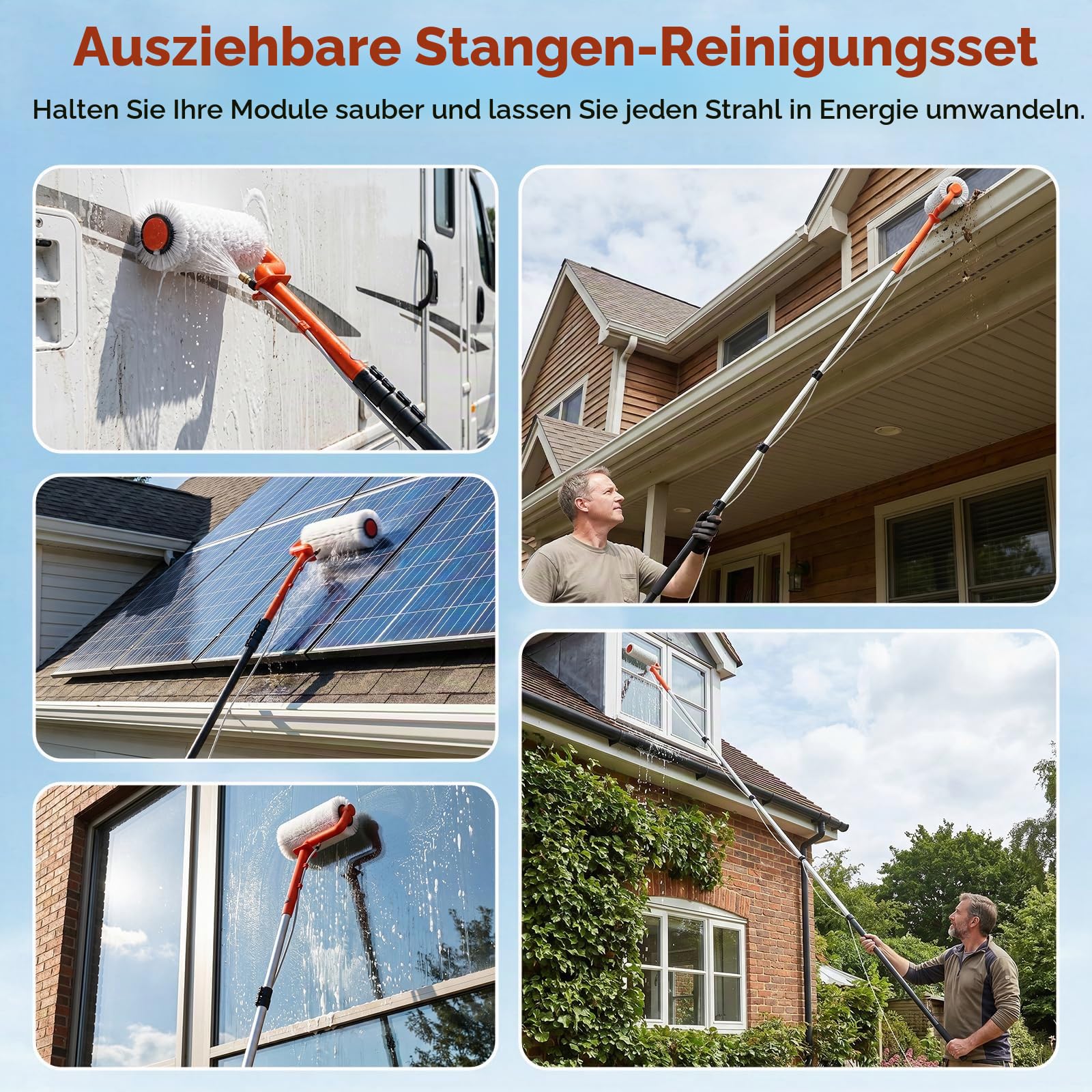 Elektrische Teleskop Waschbürste 6,5m Waschbürste mit Teleskopstiel Teleskopstange mit 11m Wasserrohr Fensterreinigung PV Reinigungsbürste Teleskop Set Wasserbesen für Terrassenüberdachung