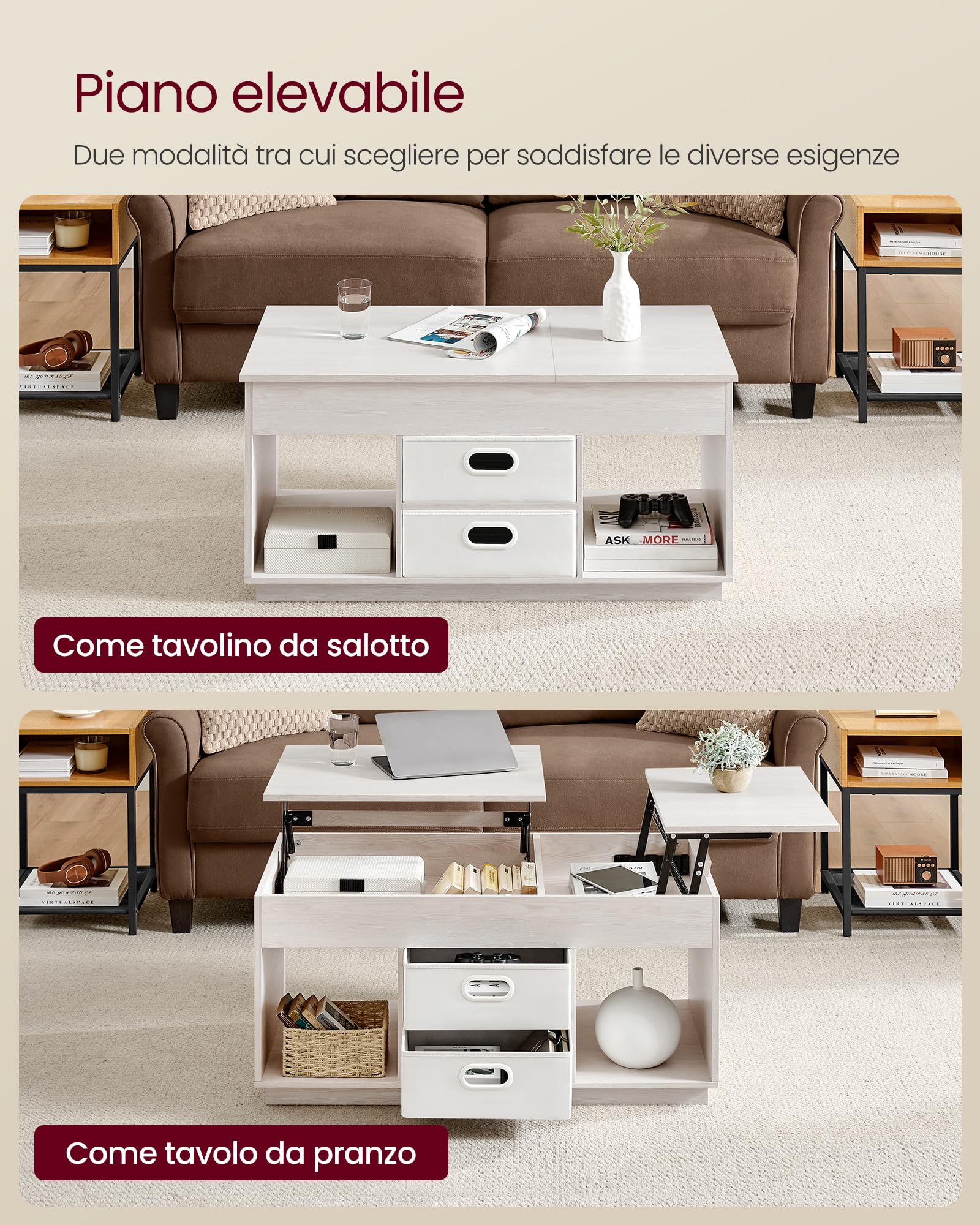 VASAGLE Tavolino da Salotto, Tavolino da Caffè con Piano Sollevabile, 2 Cassetti e Scomparti Nascosti, Scomparti Aperti, per Soggiorno Studio, Beige Avena LCT210K01
