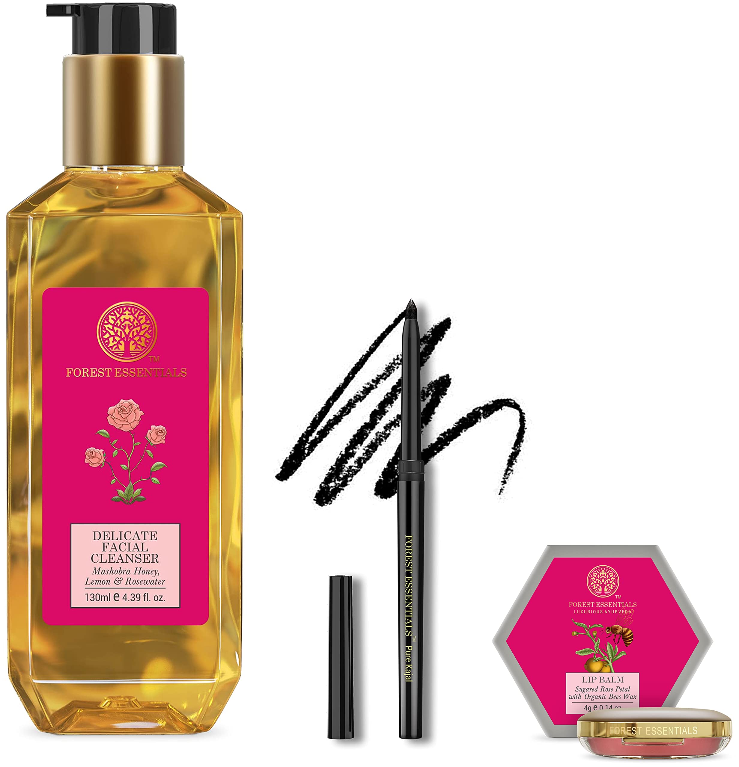 Forest Essentials Delicate Facial Cleanser Mashobra Honey, Lemon & Rose Water 130 ml (Face Wash) & Luscious Lip Balm Sugared Rose Petal 4g & Charcoal Black Gulaab Khaas Kajal 0.3g-picture-50