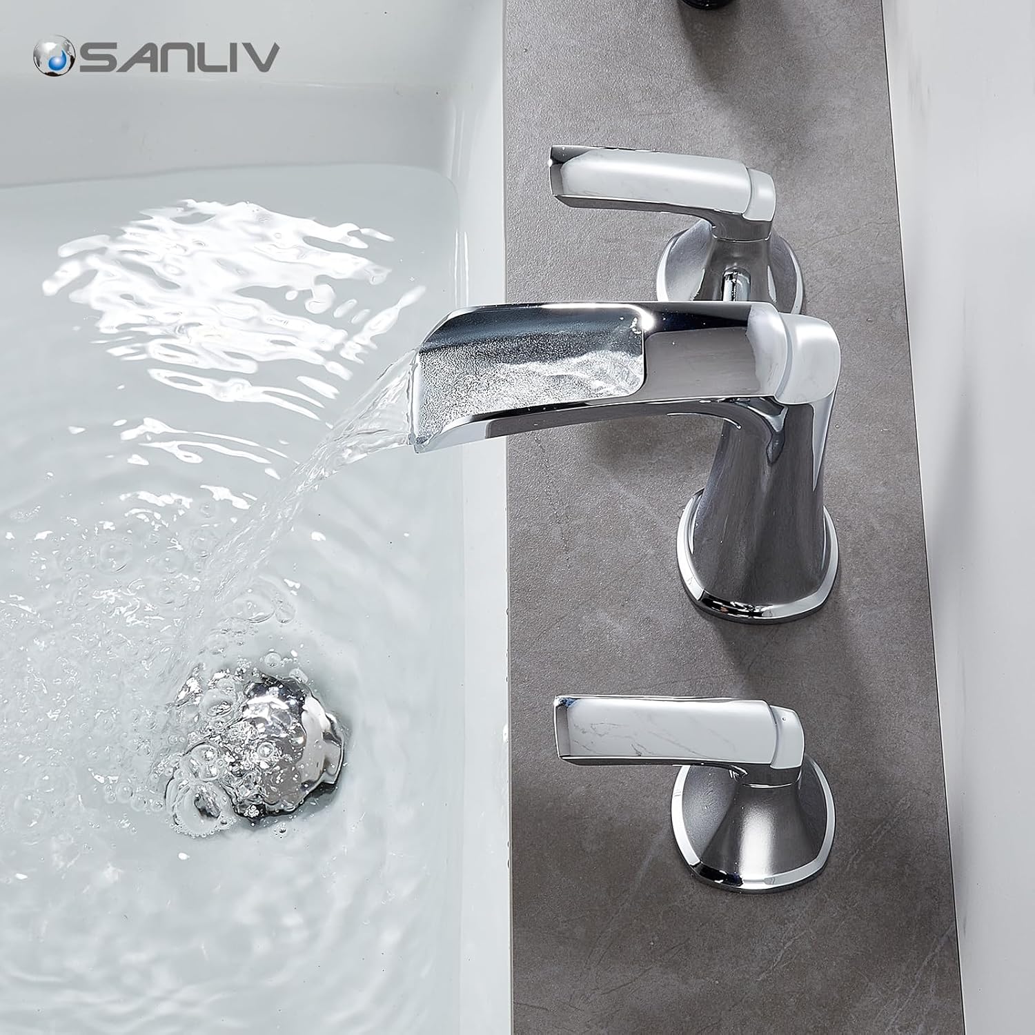 Chrome Waterfall Bathroom Faucet, Sanliv 3-Piece Widespread Bathroom Sink Faucets, 2-Handle Vanity Faucet for 3-Hole Sinks 4-8 Inch with Pop-Up Drain, ‎Polished Chrome