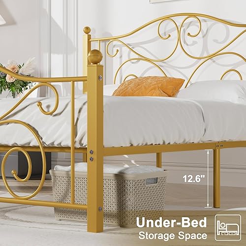 Miniatura 35 de VECELO Base de cama tamaño individual con cabecero y estribo, soporte de listones de metal resistente, base de colchón de plataforma, no necesita