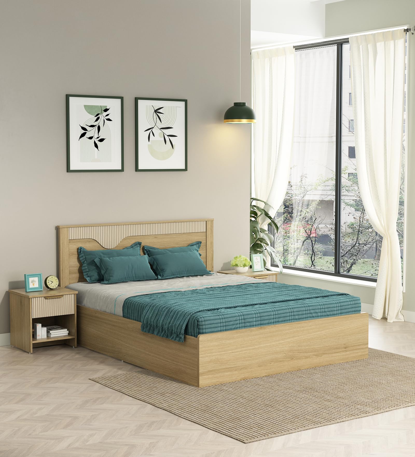 spacewood rivolla bed |queen size (78 x 60) engineered wood bed with box type storage| 3 year warranty | modern design |engineered wood | santana oak & bamboo flute