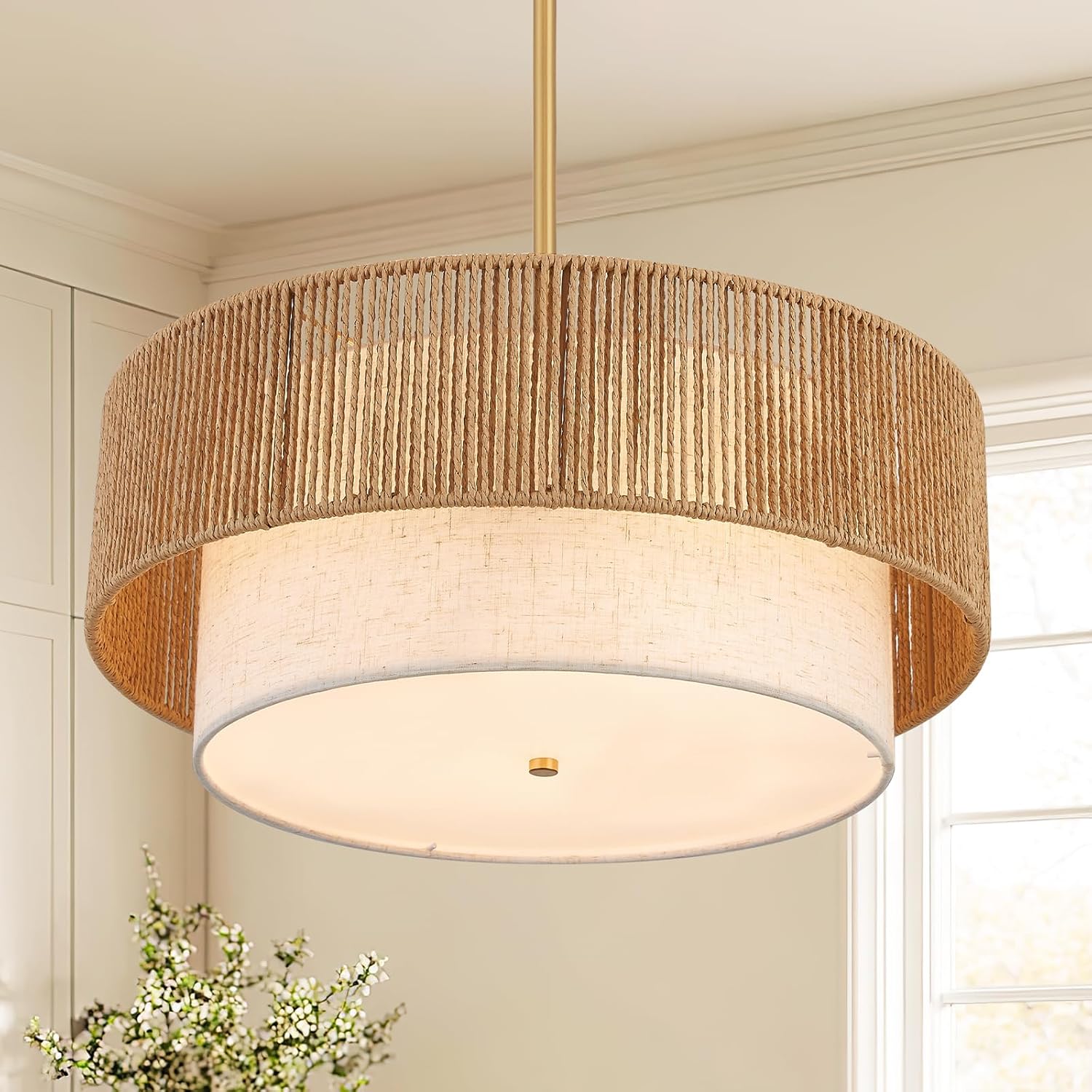 18" Drum Chandelier Dining Room Light Fixture with Rattan Shade,3-Light Modern Kitchen Table Light Fixture for Bedroom, Bathroom, Living Room