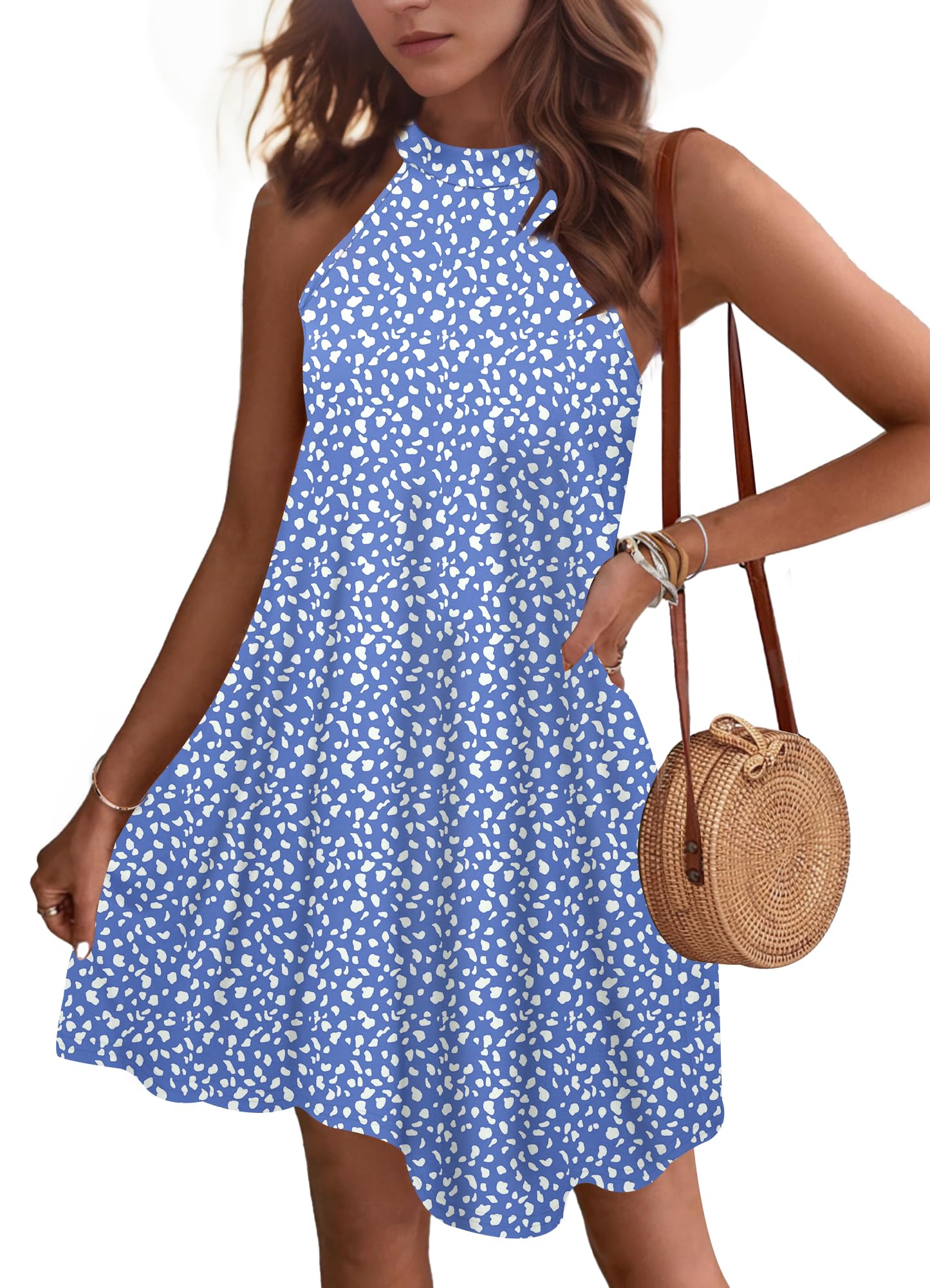 Wneedu Summer Dresses, Women’s Short Beach Dresses, Halterneck, Sleeveless, A-line Dresses with Pockets