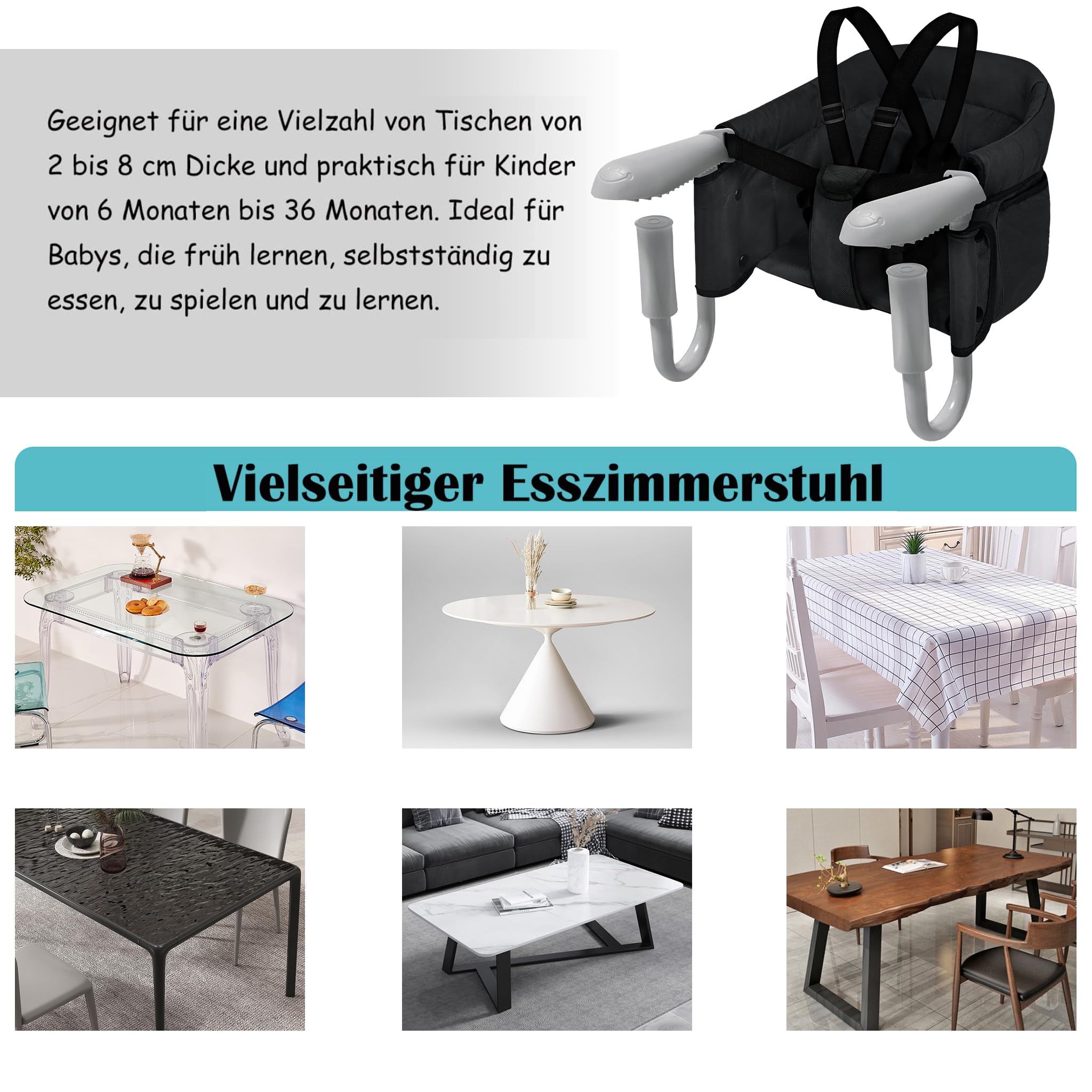 FIVMEN Seggiolino da tavolo pieghevole per bambini, con cintura di sicurezza monopezzo e schienale imbottito per casa e in viaggio, fino a 15 kg, nero
