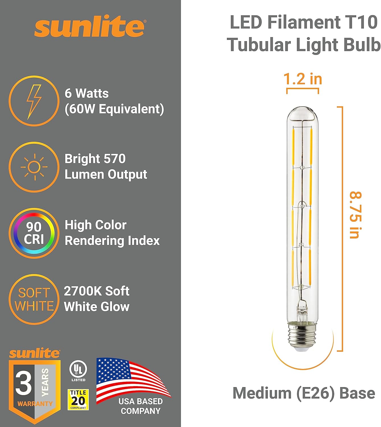 Sunlite 80621 LED Filament T10 Tubular Light Bulb, 6 Watts (60W Equivalent), 570 Lumens, Medium E26 Base, 120 Volts, Dimmable, 90 CRI, UL Listed, Clear, Title-20 Compliant, 2700K Soft White, 5 Pack