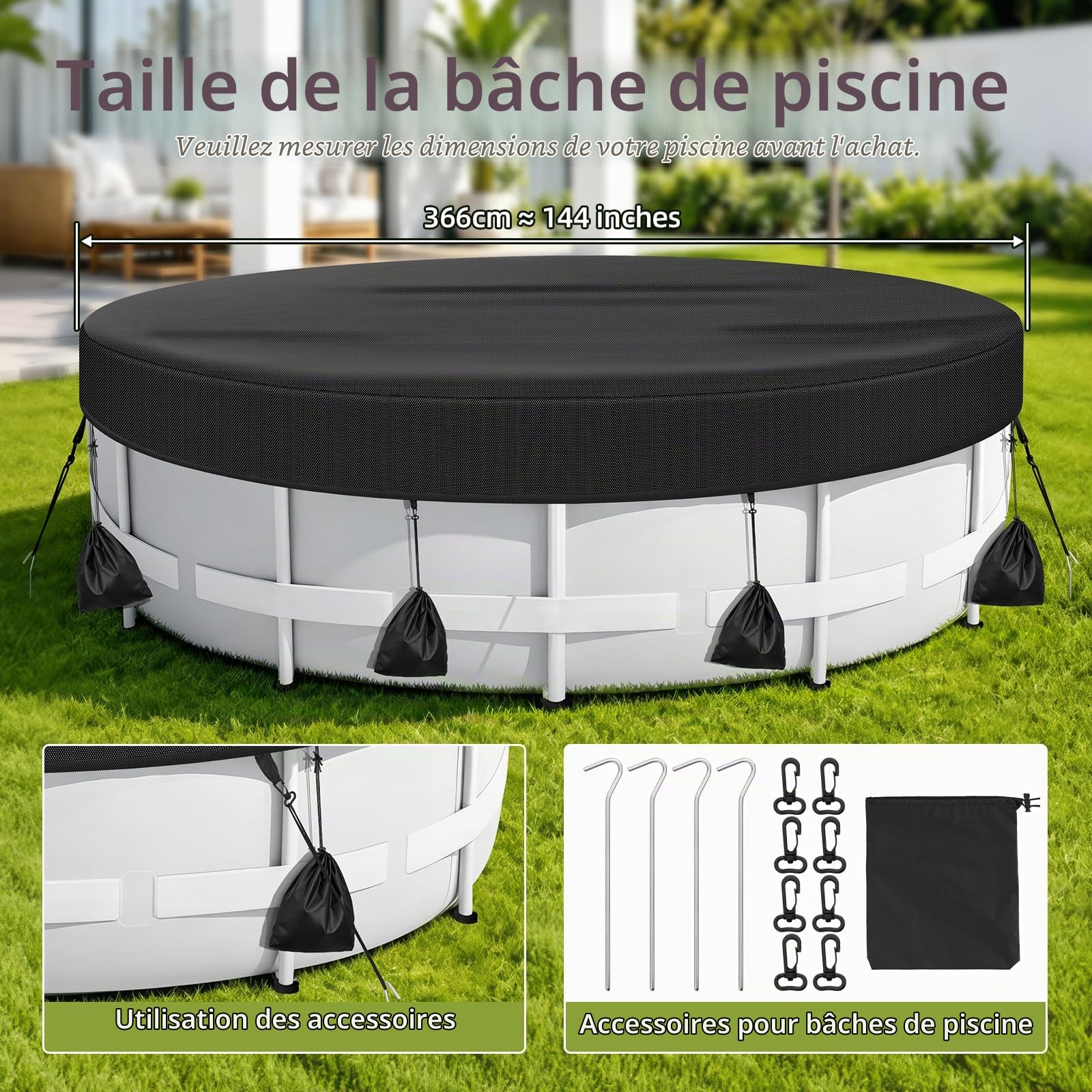 Bâche de piscine ronde de 366 cm avec cordon de serrage, sac de poids et clous de sol