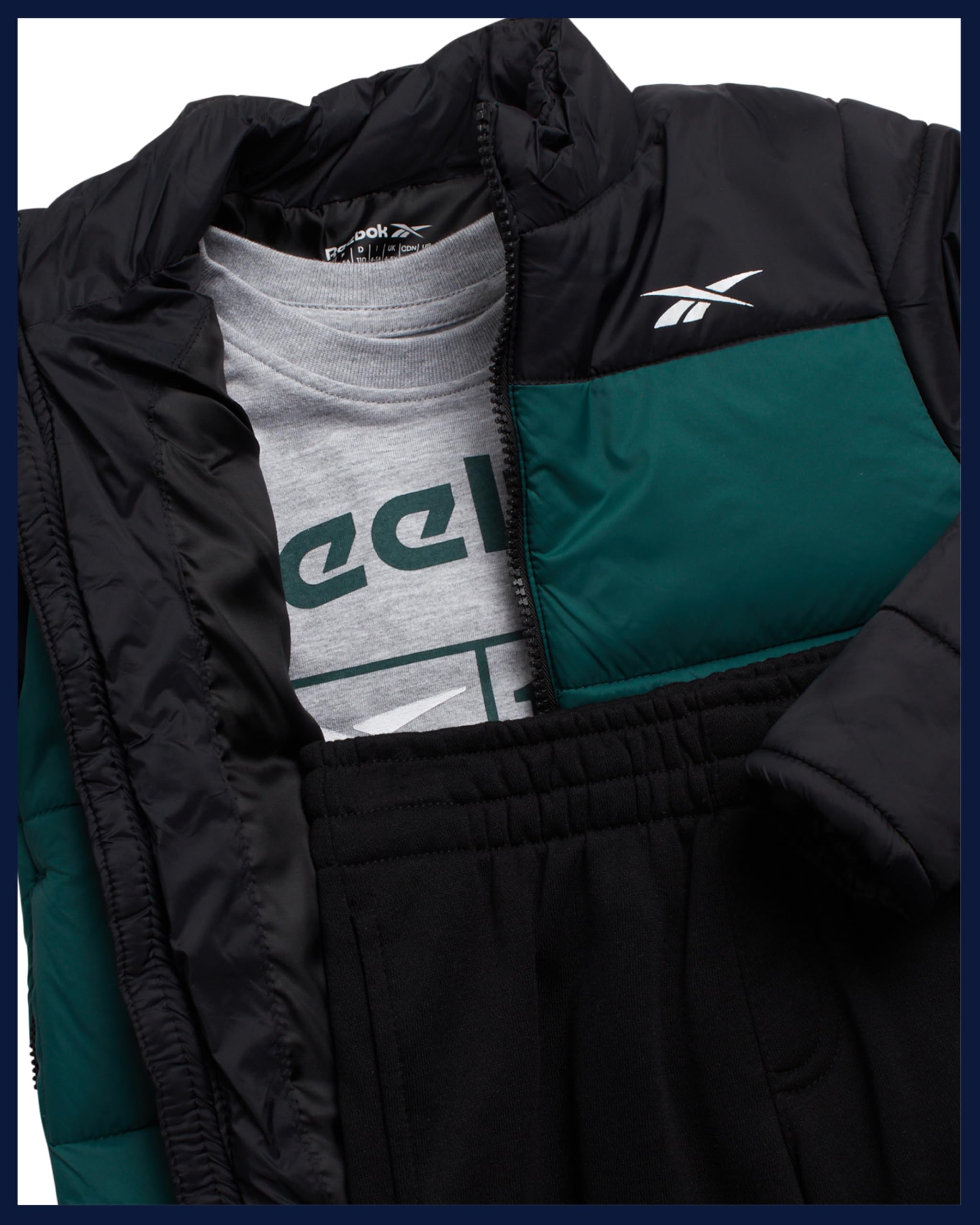 Reebok Baby Jungen 3-teiliges gestepptes isoliertes Pufferjacke, Jogger und