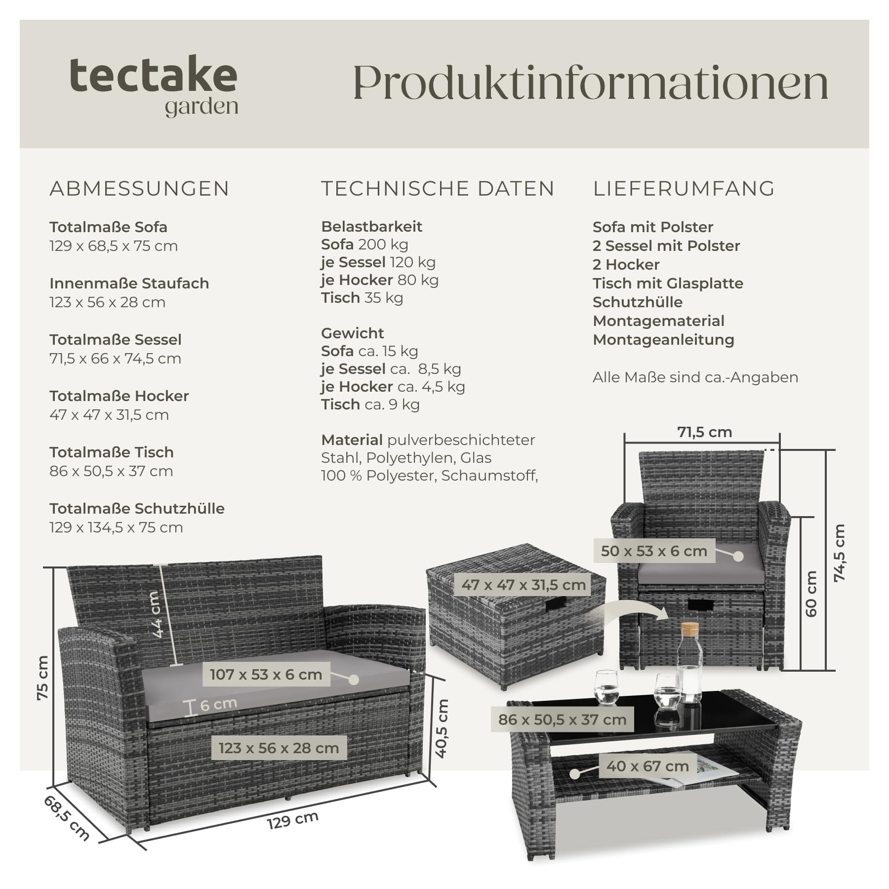 tectake Polyrattan Garten Sitzgruppe für 4 Personen mit Hocker, Rattan Gartenmöbel Set mit eingebauter Auflagenbox in der Sitzbank, Garten und Balkon Möbel - grau