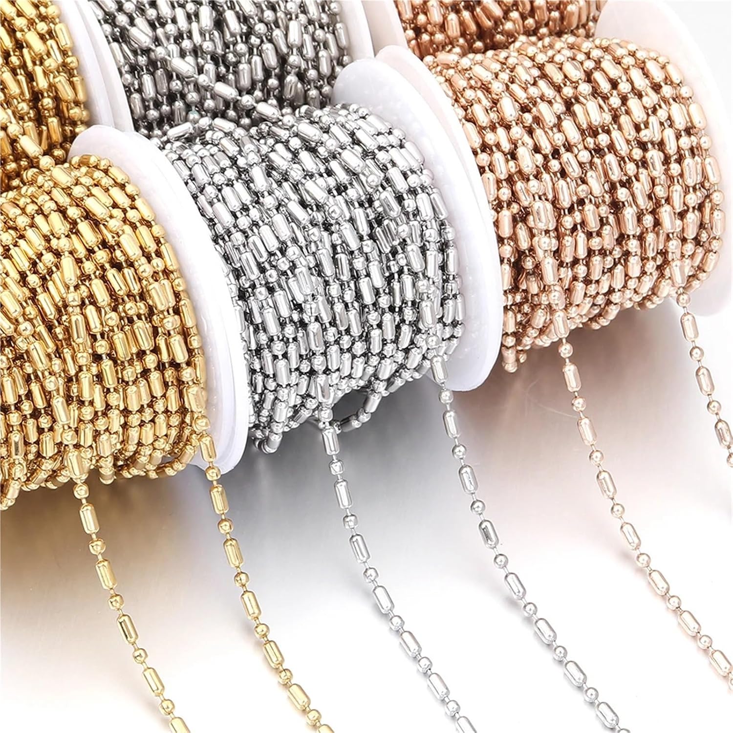 Ball chain, 10Roll Stainless Steel Ball Beads Chain 2.4mm Oval Loose Spacer for Jewelry Making 10Yards/Roll for Tag(Rose Gold)