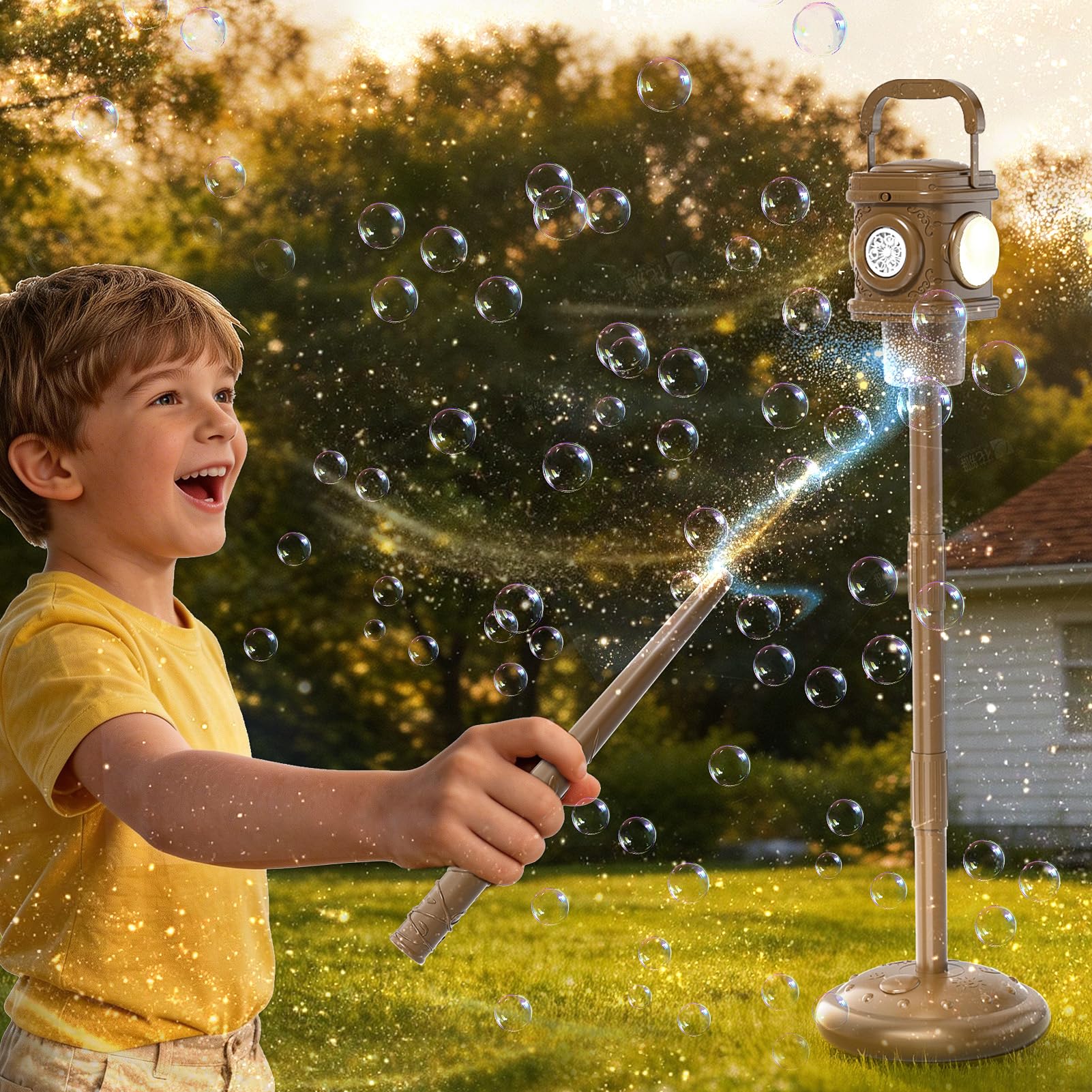 BLmukce Street Lamp Bubble Machine with Magic Wand Remote, Automatic Standing Bubble Maker Height Adjustable to 47 Inches, Outdoor Battery Bubbles Blower with Light, Birthday Gifts for Kids (Brown)