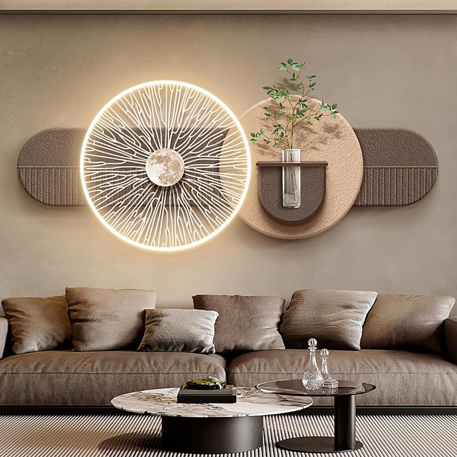 Peinture Murale 3D LED marron 120x48cm avec vase et verdure