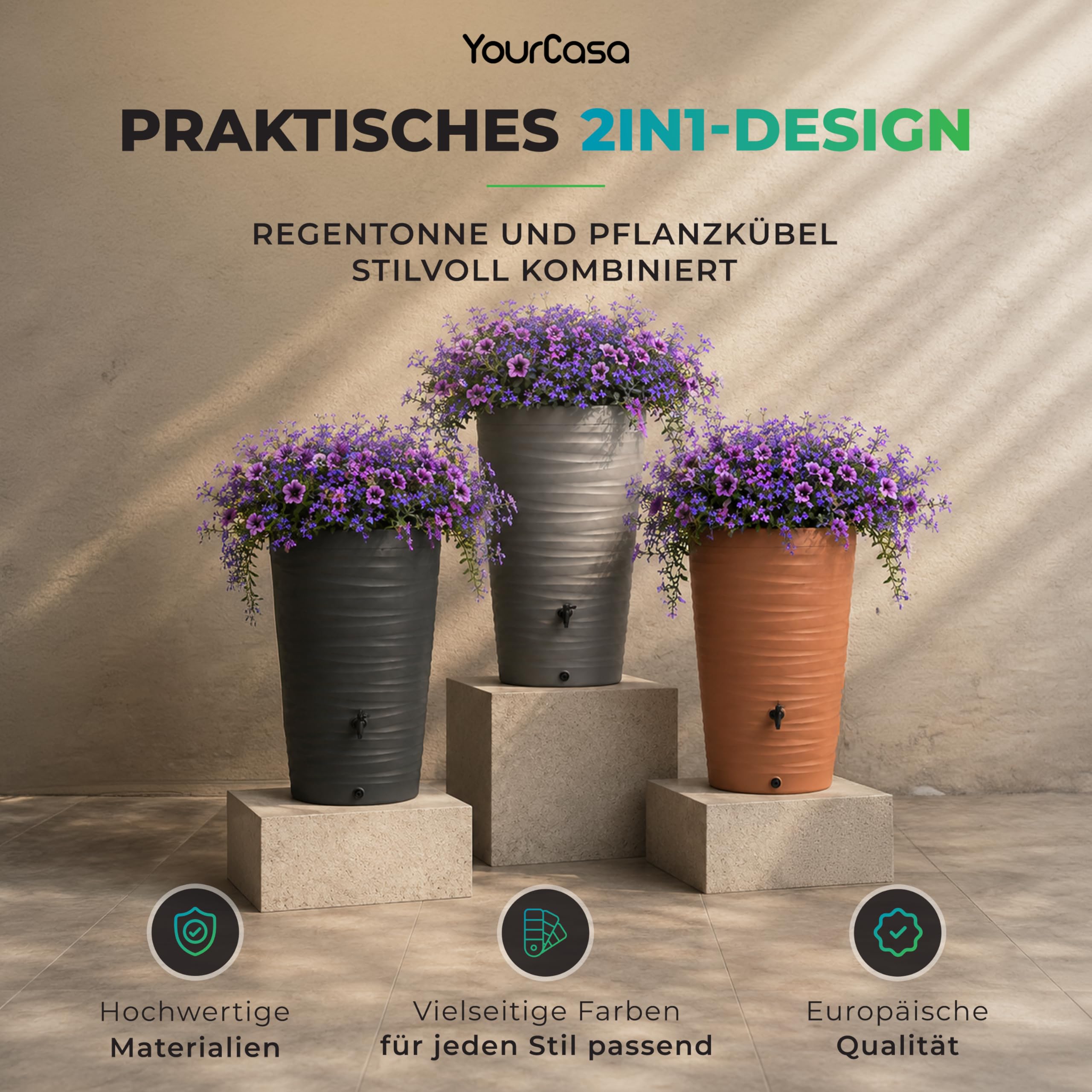 YourCasa Regentonne 240 Liter [Wave Design] Regenfass Frostsicher aus Kunststoff - Regenwassertonne mit Wasserhahn - Regenwassertank Garten Regenwassersammler Wasserfass Regentonne schmal (Grau)