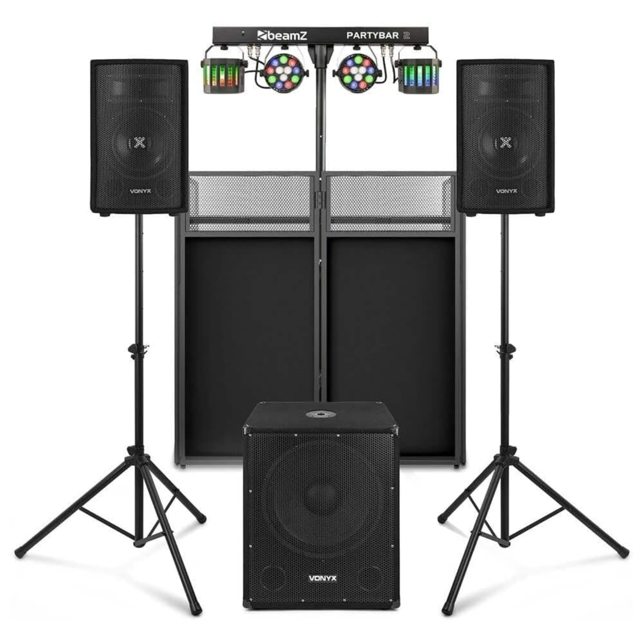 Vonyx VX0812BT – Pack DJ Completo 2.1 800W con Bluetooth, Cabina DB4 Pro, Luces BeamZ PartyBar2 con trípode Incluido, Sistema de Sonido Profesional para Eventos, DJ y Fiestas, Color Negro