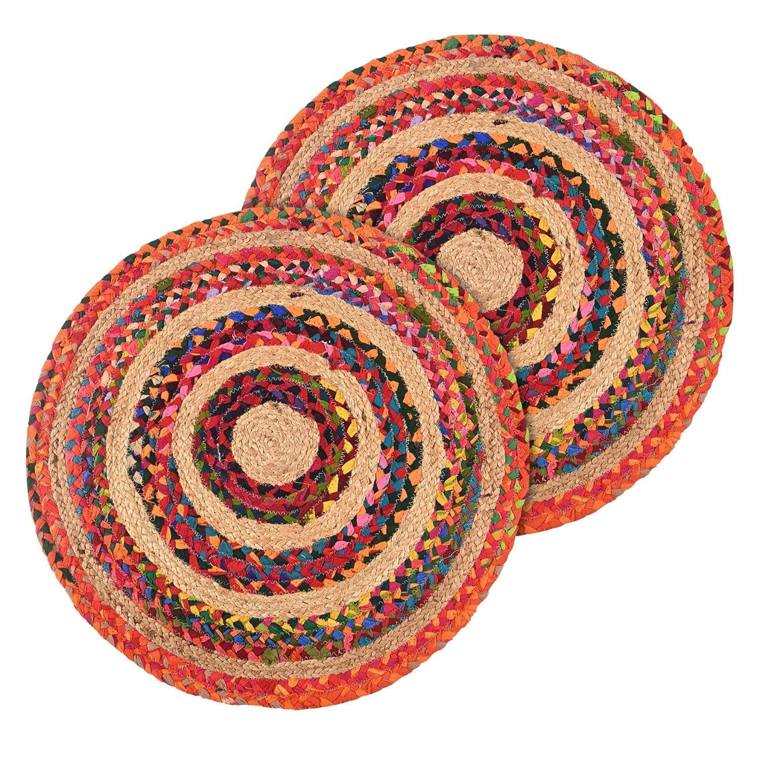 Handmade Multicolor Round Braided Jute Cotton Rug (Pack of 2) | Reversible Anti-Skid Floor Mat for Living Room, Bedroom, Dining & Home Décor | Eco-Friendly Handwoven Carpet (Design-2)