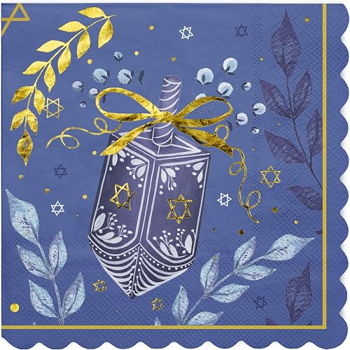 WRAPAHOLIC 50Pcs Hanukkah Napkins - Blue Four-Sided Gyroscope 3-Ply Disposable Luncheon Napkin for Christmas Party Supplies Tableware, Xmas Holiday - 6. 5 x 6.5 In
