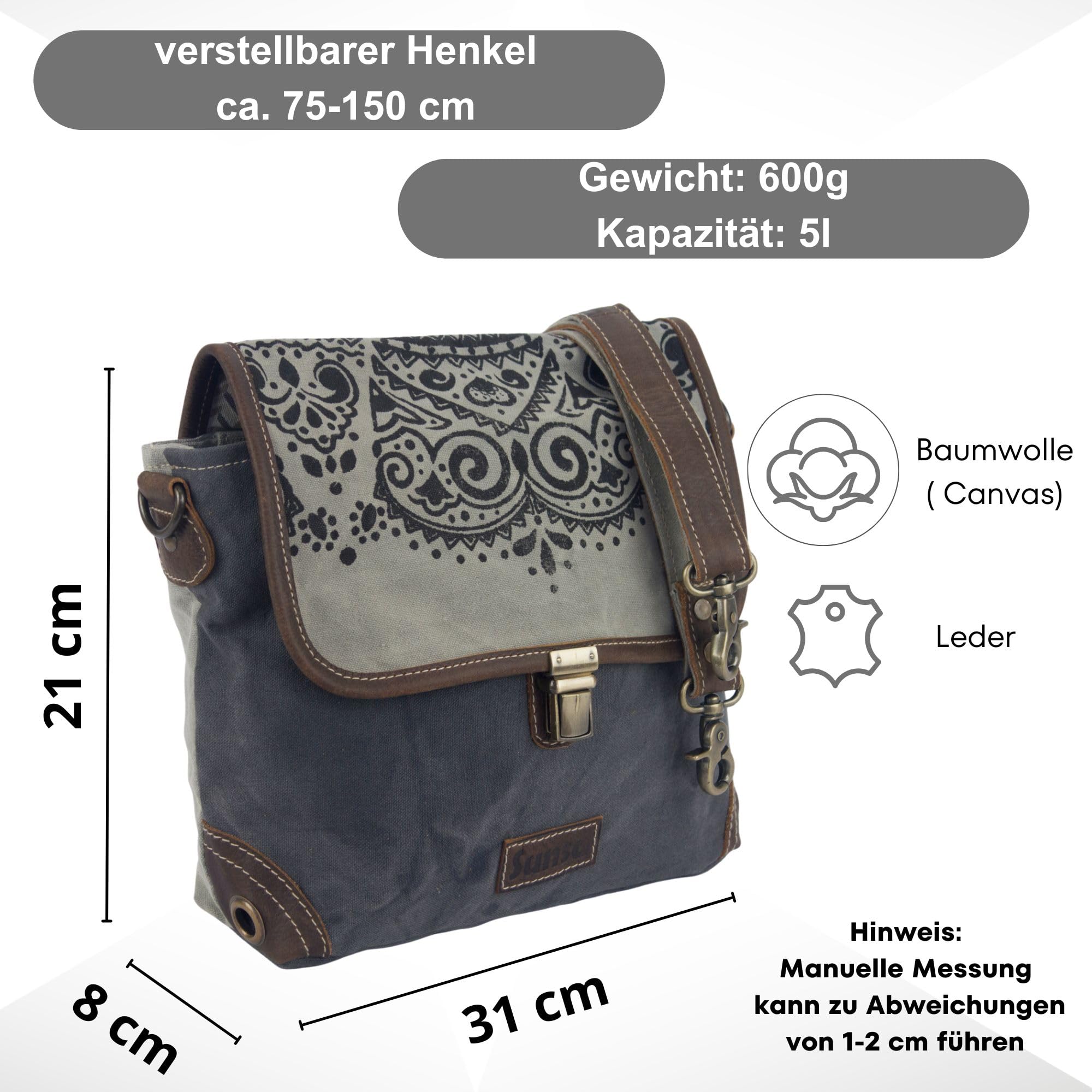 Sunsa Damen Umhängetasche. Canvas/Leder Messenger Tasche. Grau/schwarz