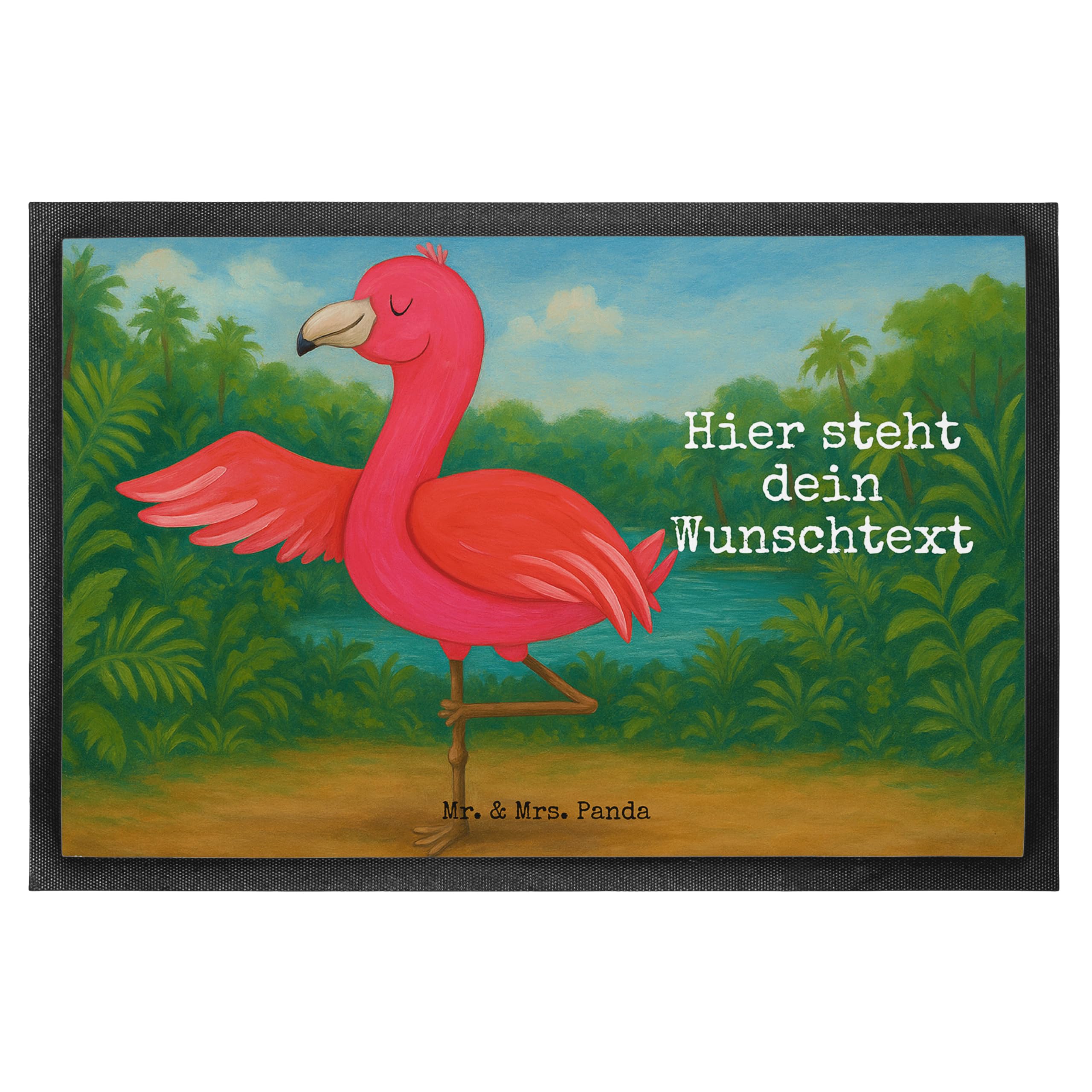 Mr. & Mrs. Panda Fussmatte personalisiert Flamingo Yoga Design 50 x 75 cm - Geschenk, Rosa, Achtsamkeit, Fußmatte personalisierbar, Yogi, mit Namen, Personalisierte, Personalisierter Fußabtreter