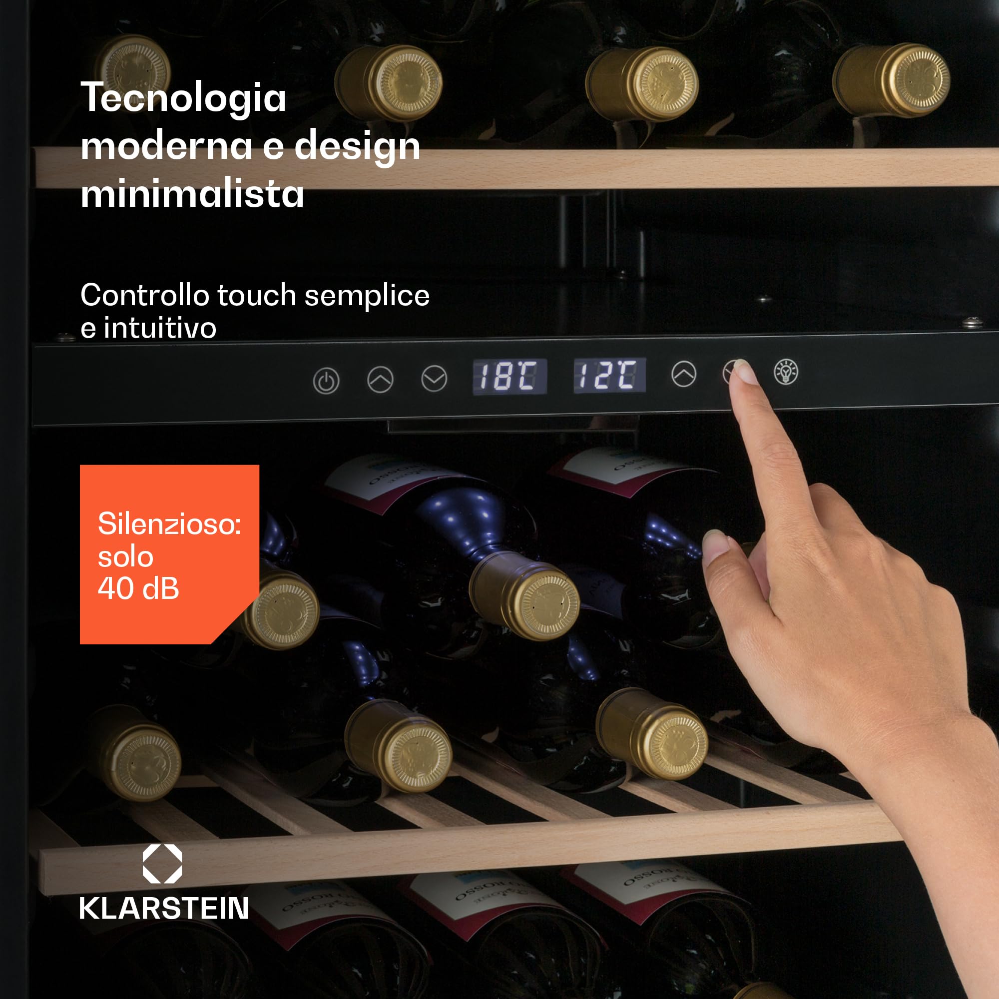 KLARSTEIN Cantinetta Vino, Cantinetta Vino Refrigerata a Zona Doppia per Interno/Esterni, Frigo Bar, Cantina Vino con Vetrina, Mini Bar con Protezione UV, Frigo Vino Touch, 5-18°C, 45 Bottiglie