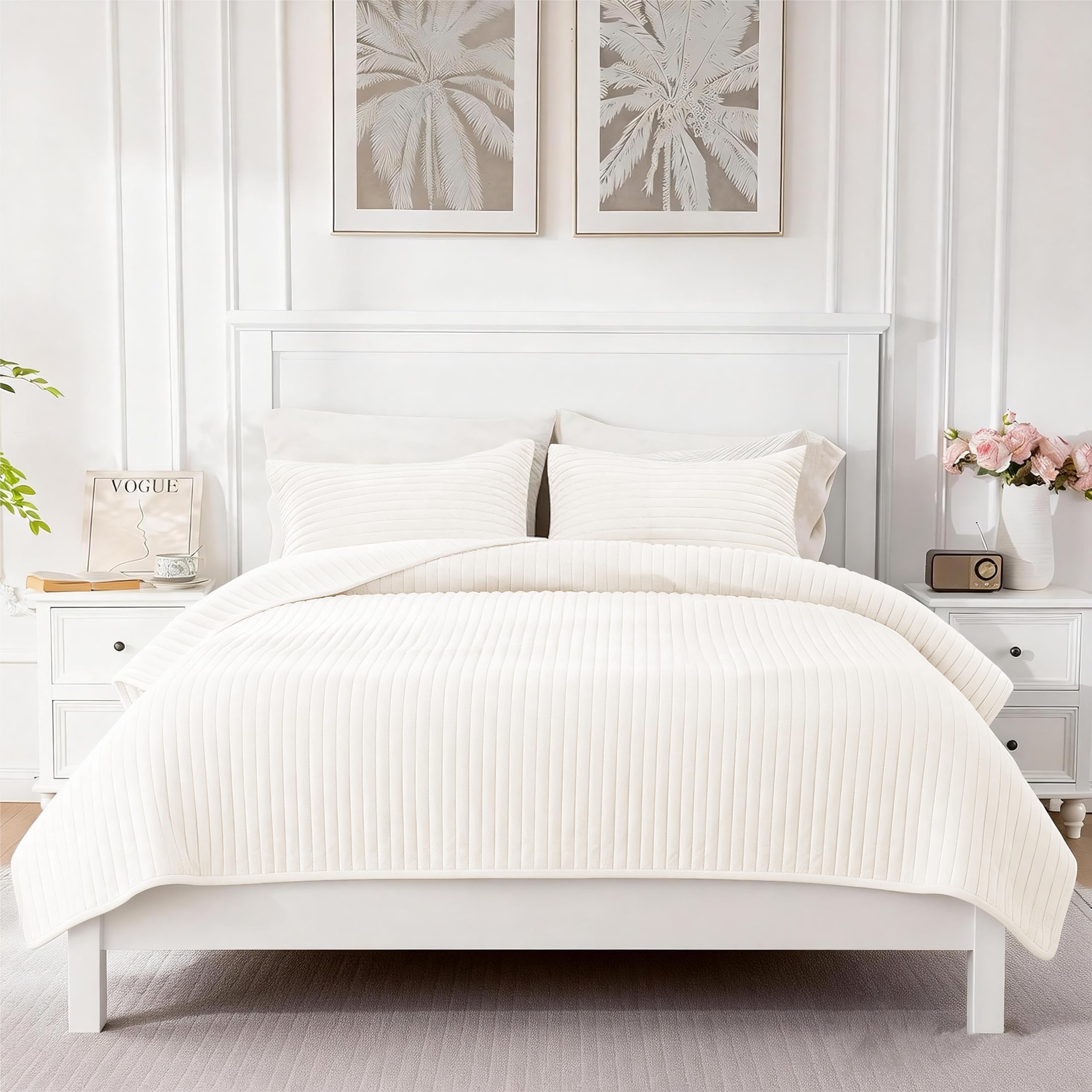 Photo 1 of Ranunculus Velvet Quilt Set Queen Size, Soft Quilted Bedding Set, 2 Matching Pillow Shams, Lightweight Bed Cover Luxury Quilted Bedspread Coverlet Blanket for All Seasons (Ivory Cream, Queen)