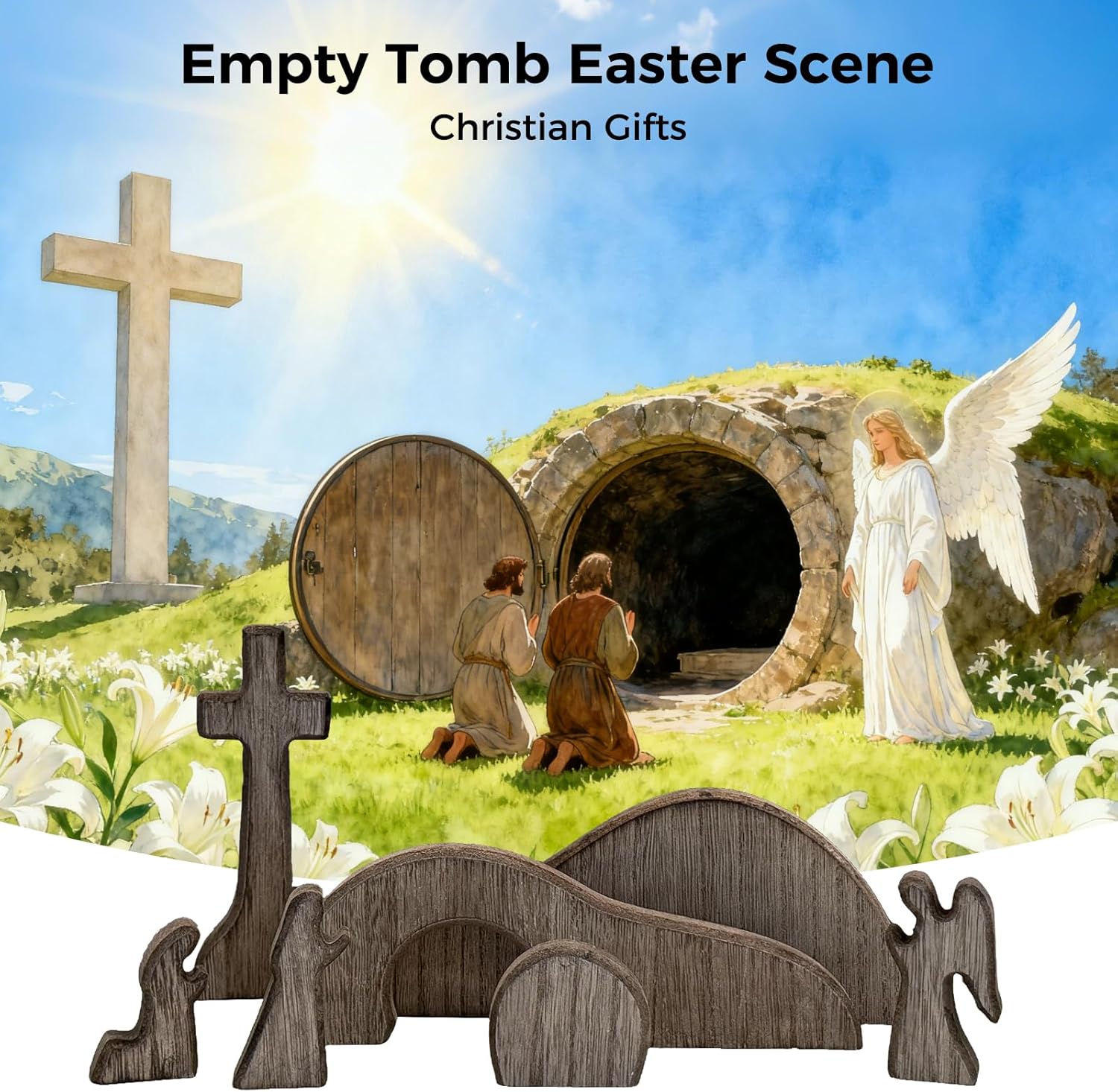 Empty Tomb Easter Scene and Cross Decoration, Wooden Easter Resurrection Scene Cross Jesus Tomb Tray Set, Jesus Nativity Scene Decor for Religious Home Office Tabletop Christian Gifts