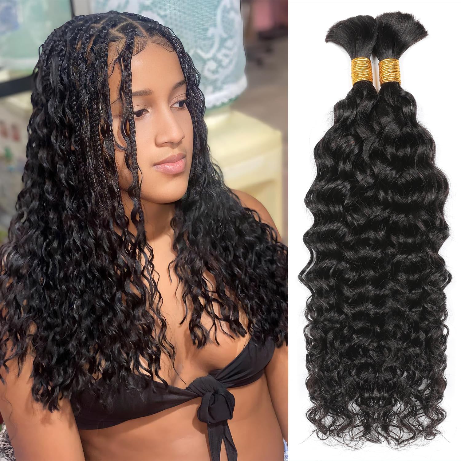 Ainimiu Human Braiding Hair 2 BunDreadlockes Total 100g 14 Inch Deep Wave Natural Black Bulk Human Hair for Braiding No Weft Brazilian Virgin Curly Hair Extensions for Boho Braids