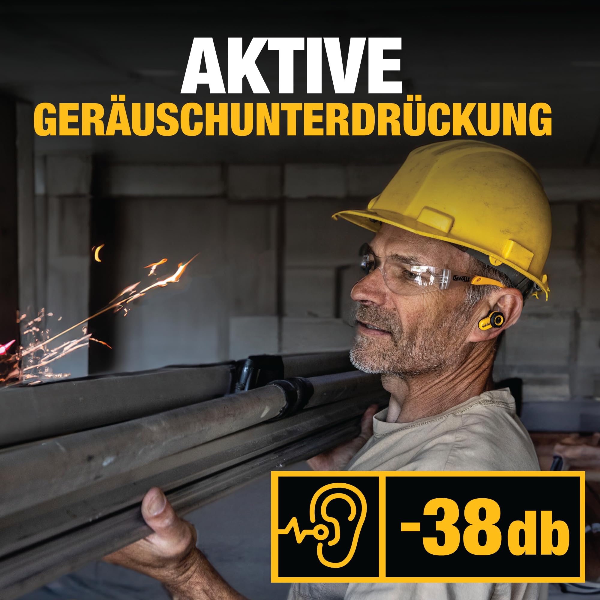 DEWALT Jobsite Pro X2 True Wireless Earbuds – Bluetooth 5.3 Kopfhörer mit Active Noise Cancelling, IP54 Staub- & Wasserschutz, 40 Std. Akkulaufzeit, Lautstärkeregelung, für Arbeit & Reisen