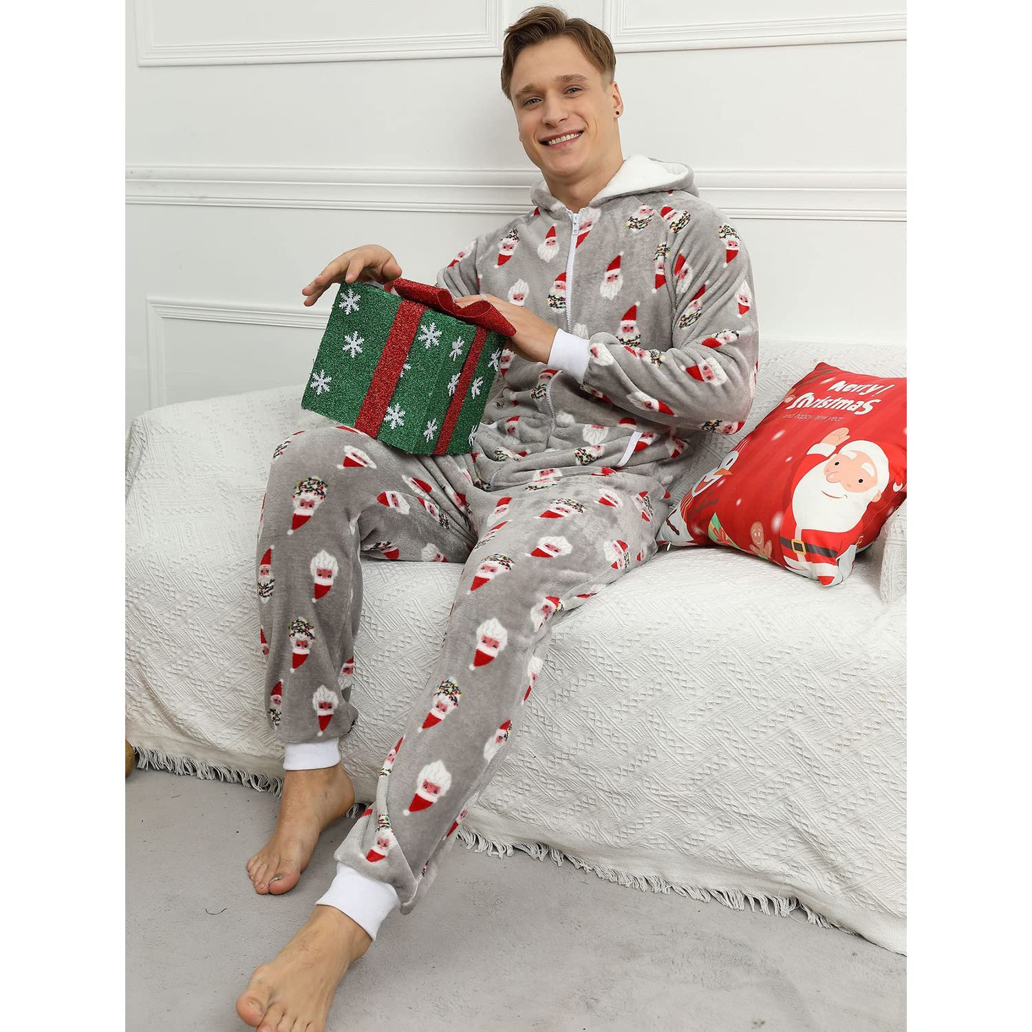 Pijama Navidad Una Pieza Hombre Franela Pijamas Mono Entero con Capucha Manga Larga Invierno Calentito Jumpsuit Adulto Onesie Ropa de Casa Dormir Papá Noel Gris L