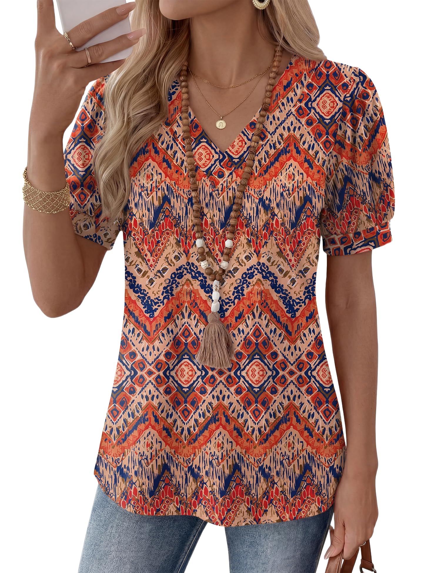 Rapbin Damen Bluse Kurzarm V-Ausschnitt Puff Oberteile Locker Blusen Sommer 2026 Top Elegant Mit Kurzen Ärmeln T-Shirt