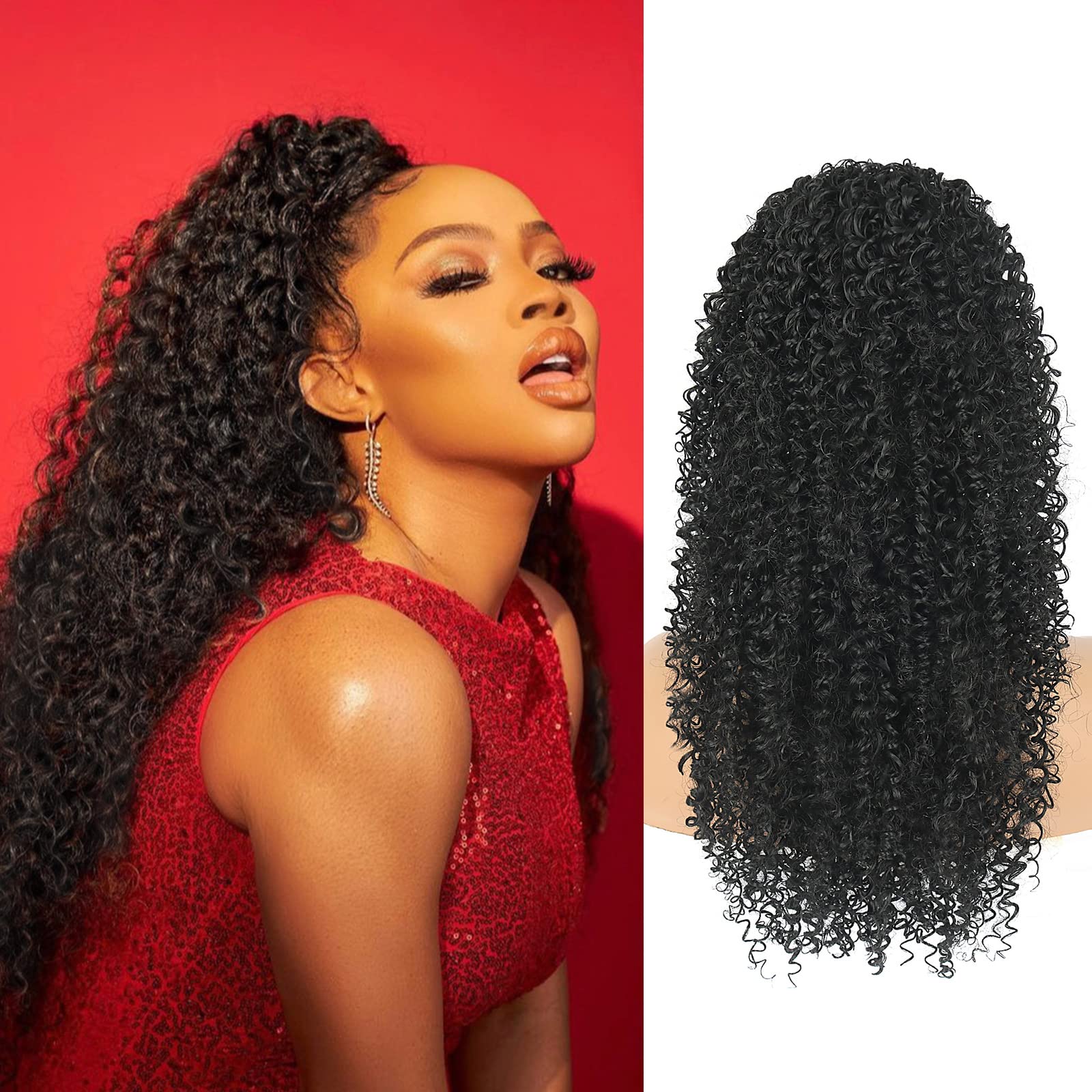 DEYNGS Drawstring Ponytail Afro Kinky Curly Heat Resistant Synthetic Instant Clip Ponytail Extension Protective Style Long Deep Curly Hair Pieces for Women