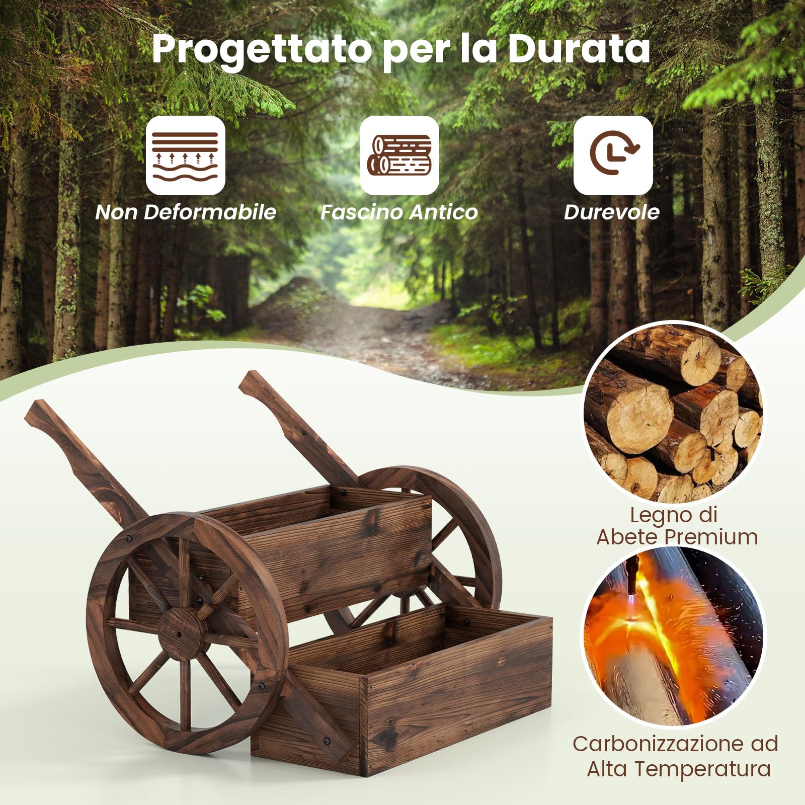 COSTWAY Fioriera Rialzata a 2 Livelli, Carretto di Legno con Fori di Drenaggio, Semi-Ruote e Guanti, per Verdure, Erbe Aromatiche, Fioriera da Interno ed Esterno per Patio, Giardino e Balcone