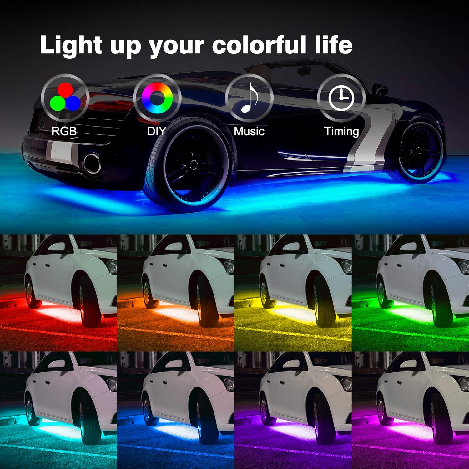 MICTUNING Car Underglow Lights, 4Pcs Bluetooth Lighting Kit with APP and Remote Dual Control, Waterproof 12V Exterior Underbody Neon LED Light Strips for All Cars,16 Million Colors, Music DIY Mode : Automotive